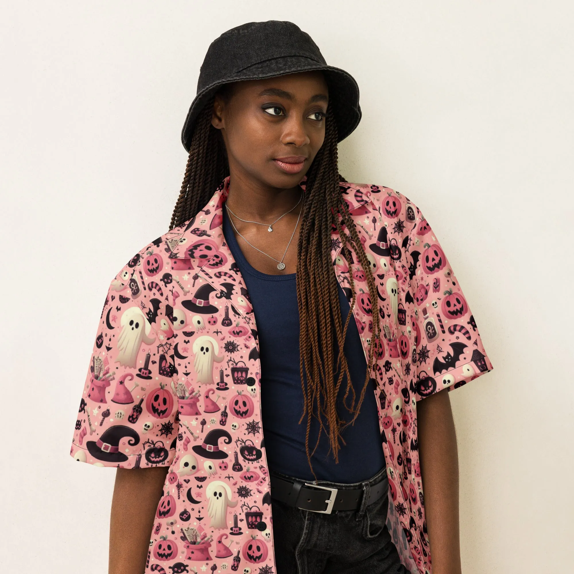 Spooky Cute Halloween Pink Button Shirt