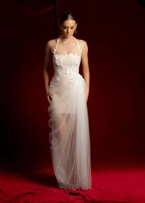 Straight neckline white tulle dress with 3D flower details midi dress