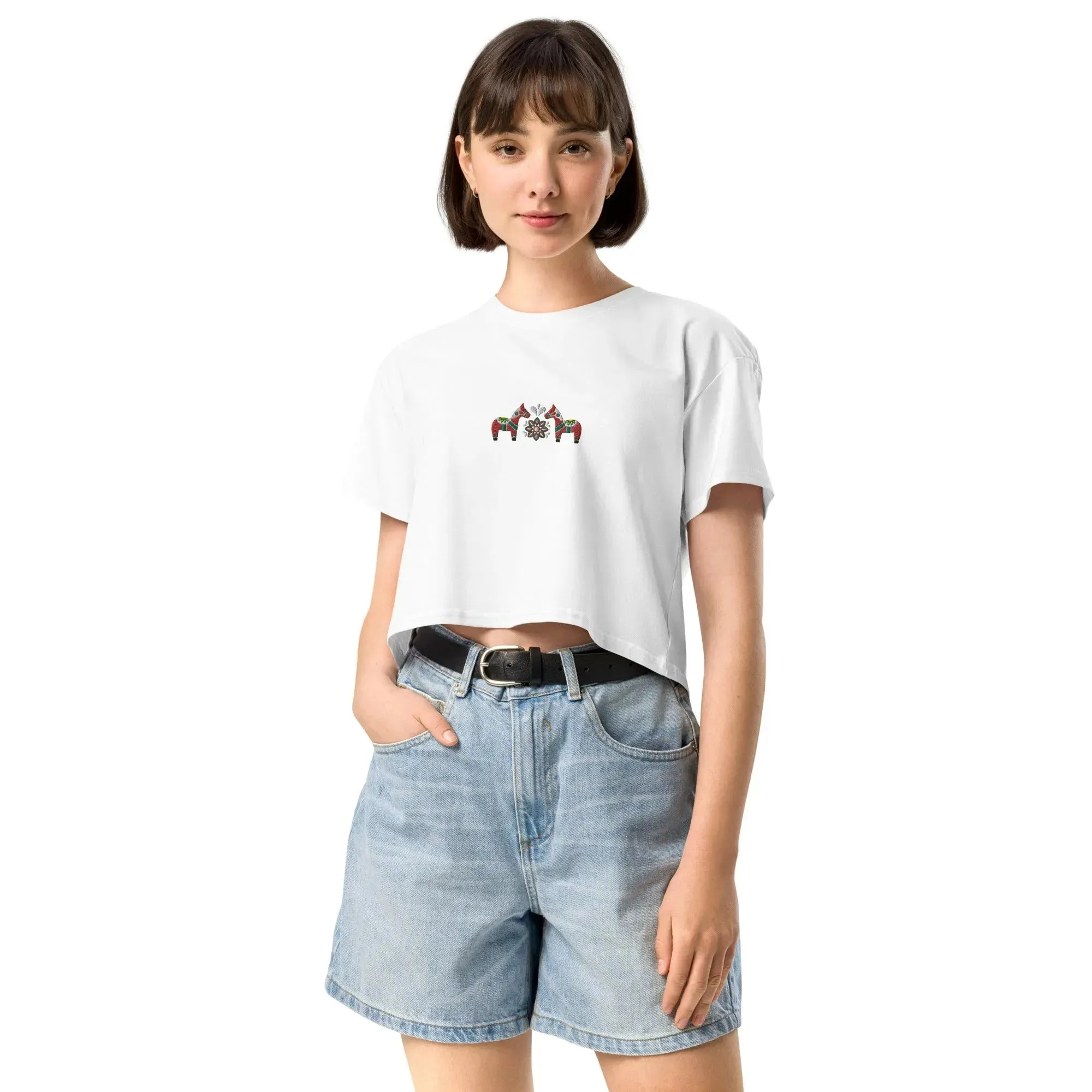 Swedish Red Dala Horse Embroidered Cropped T-Shirt