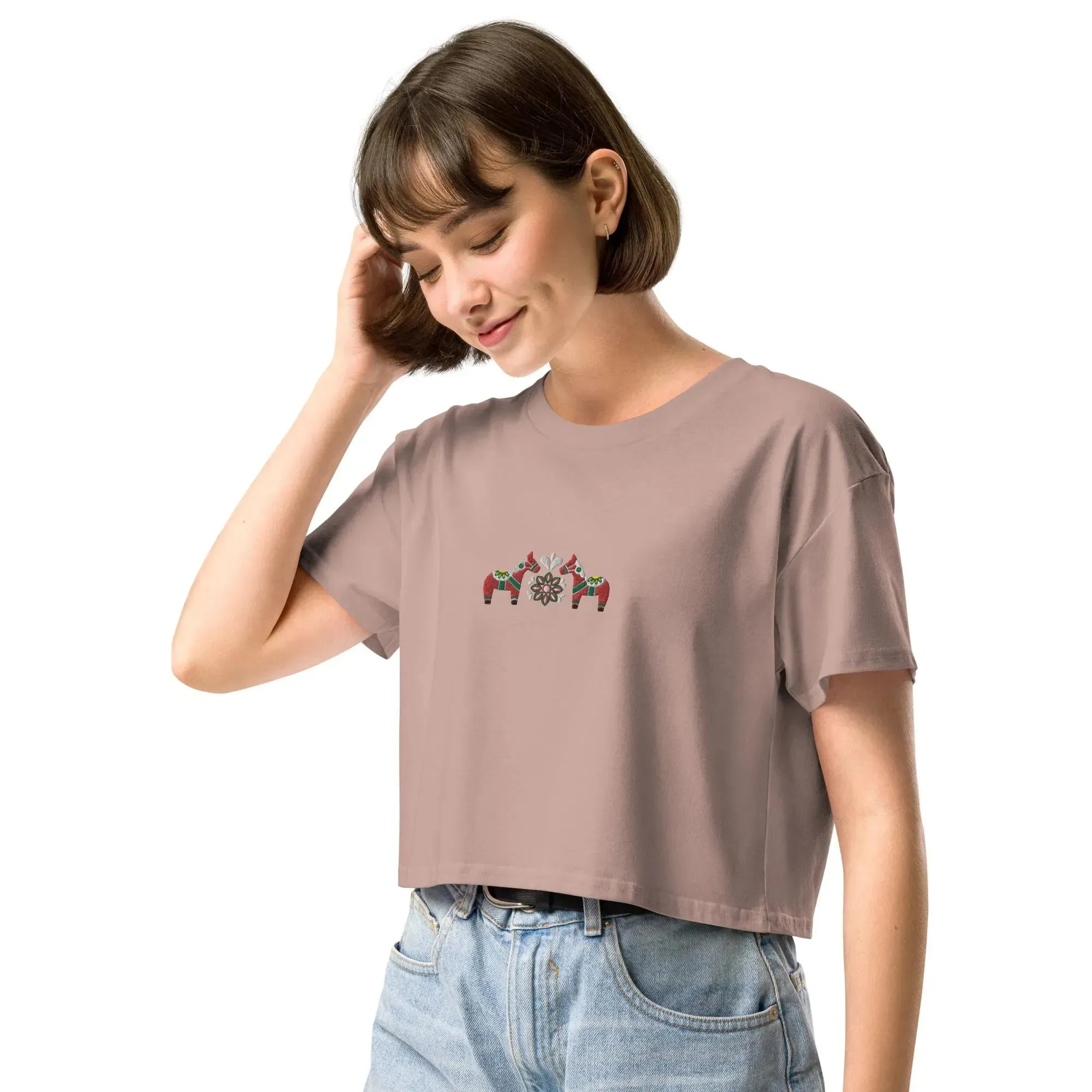 Swedish Red Dala Horse Embroidered Cropped T-Shirt