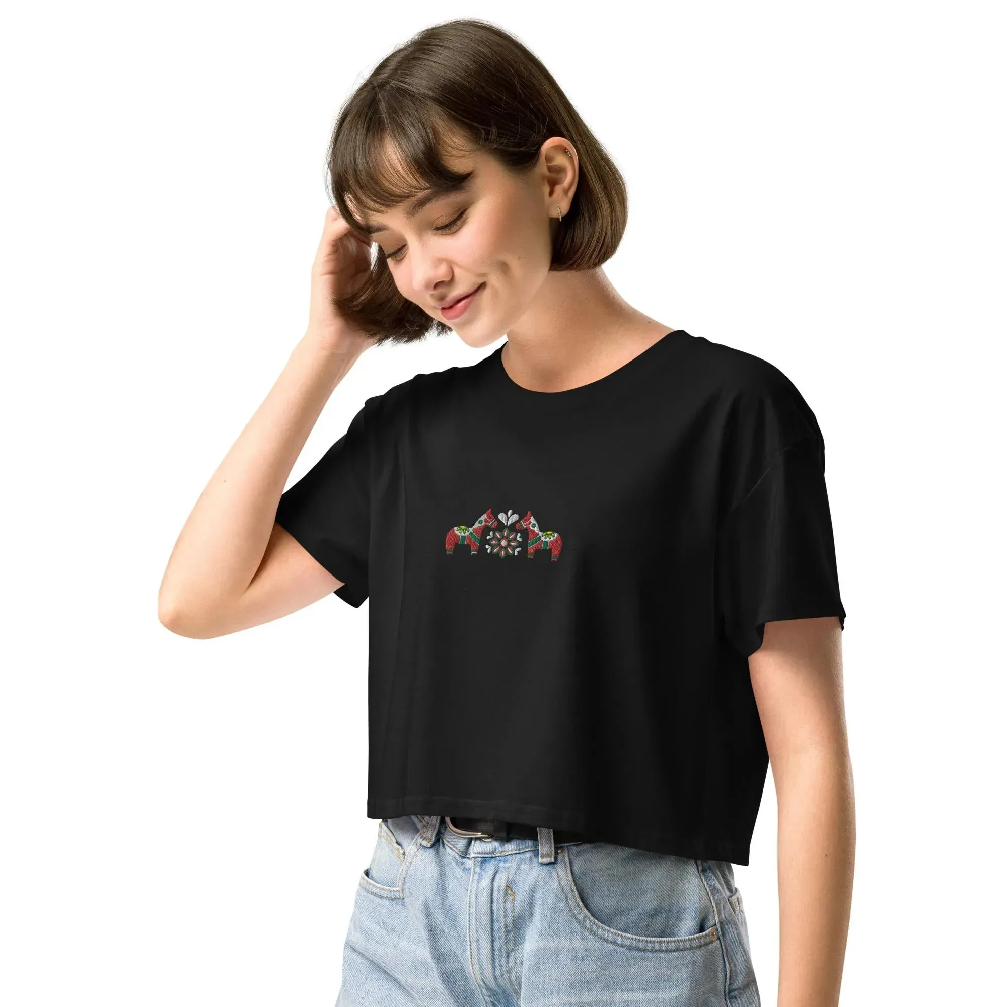 Swedish Red Dala Horse Embroidered Cropped T-Shirt