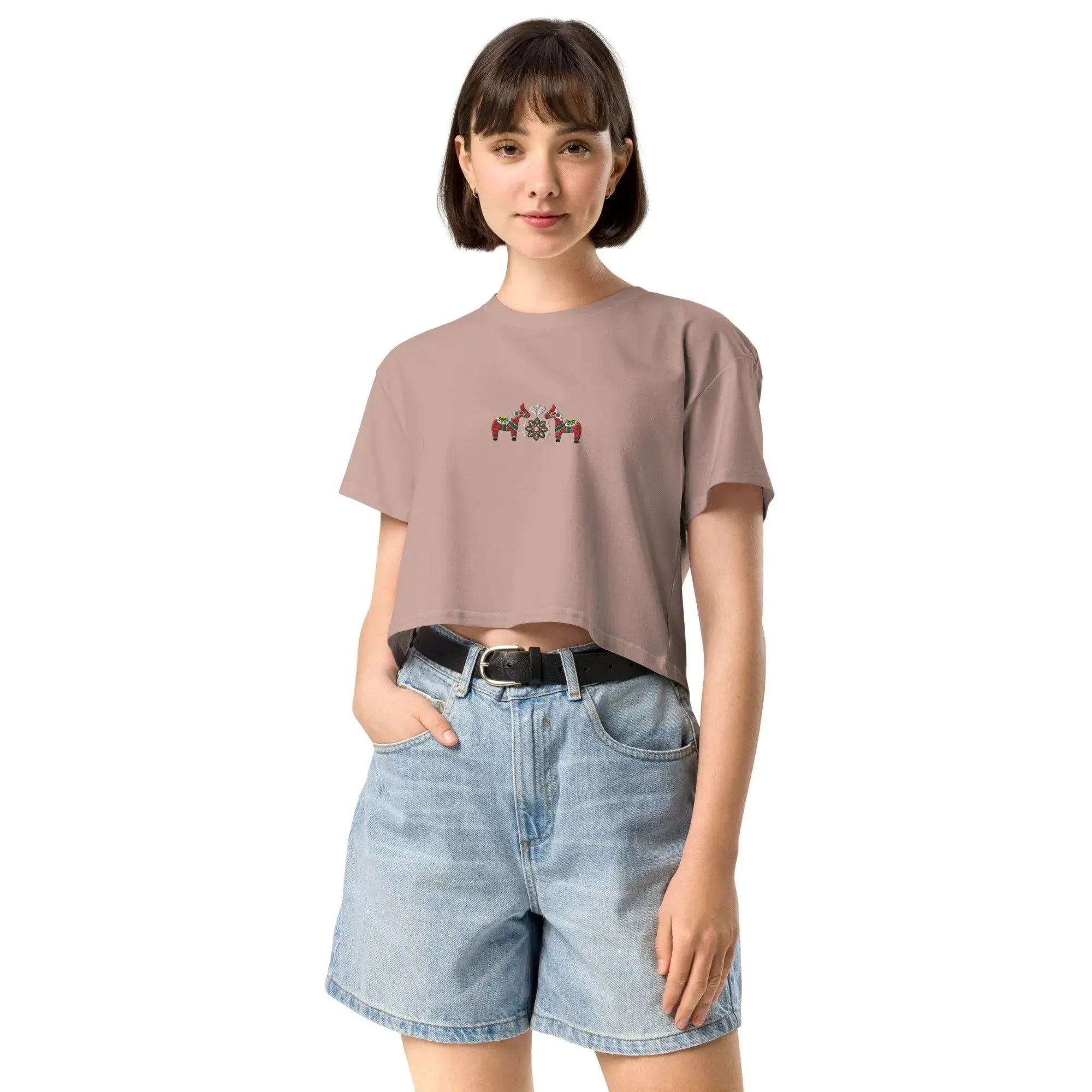 Swedish Red Dala Horse Embroidered Cropped T-Shirt