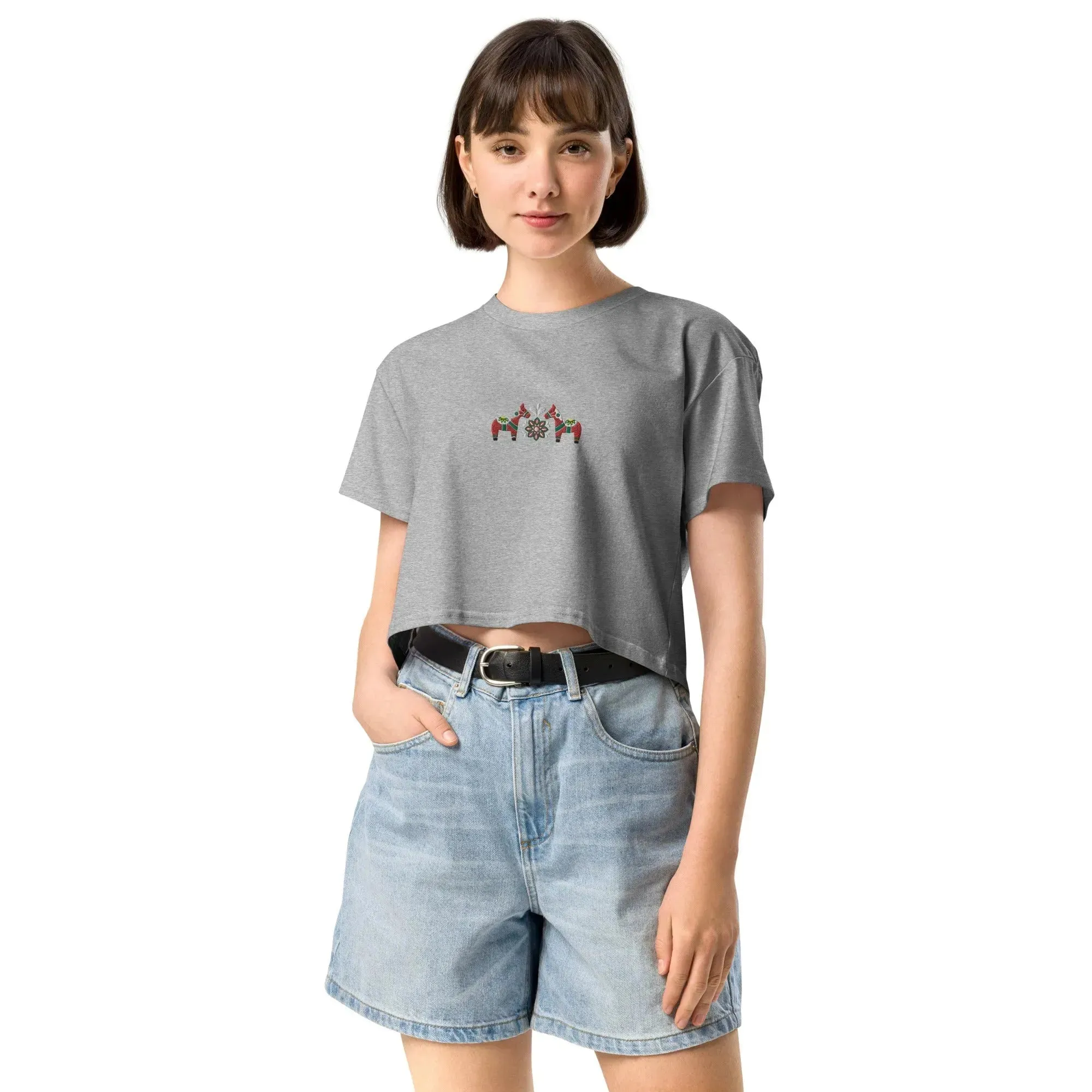 Swedish Red Dala Horse Embroidered Cropped T-Shirt