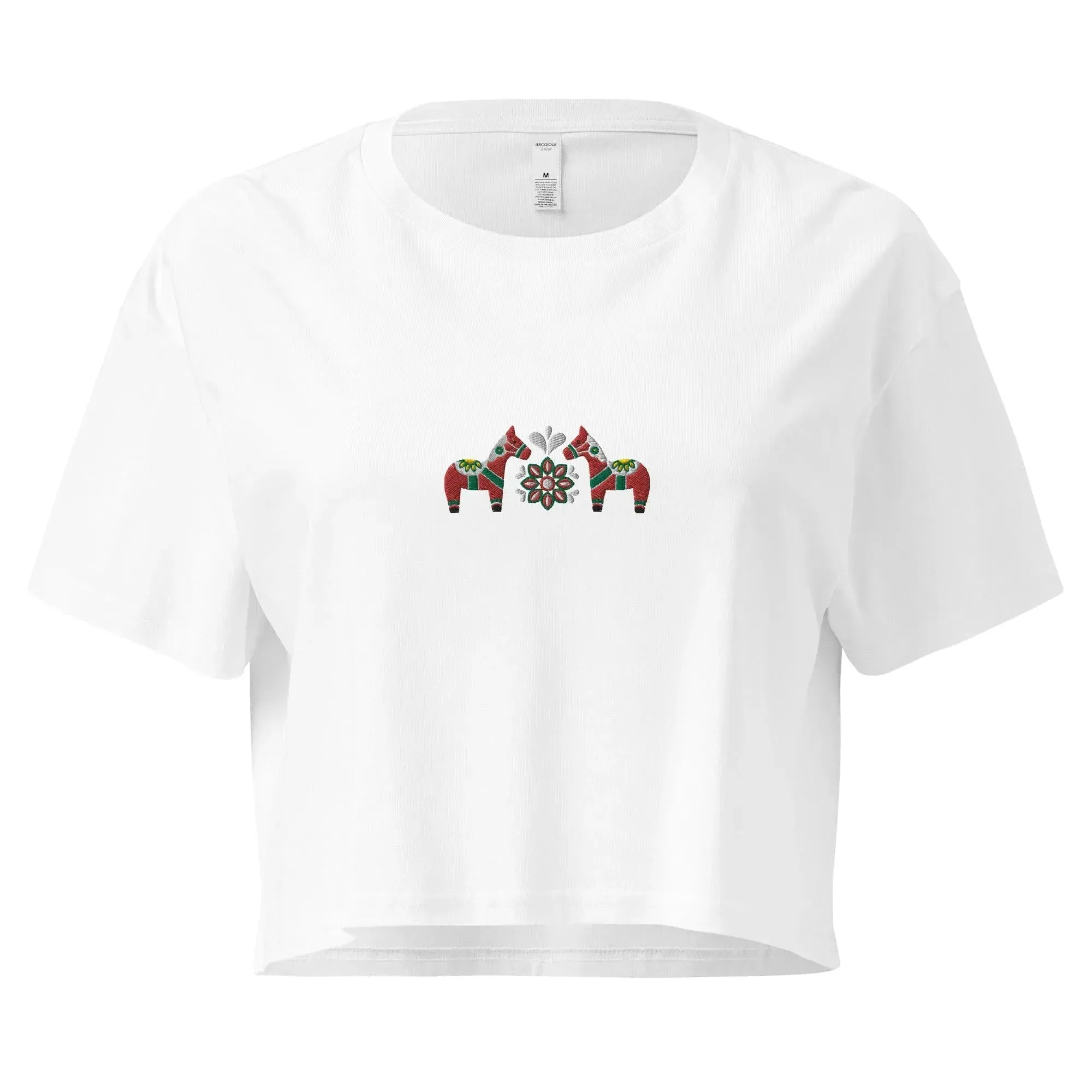 Swedish Red Dala Horse Embroidered Cropped T-Shirt