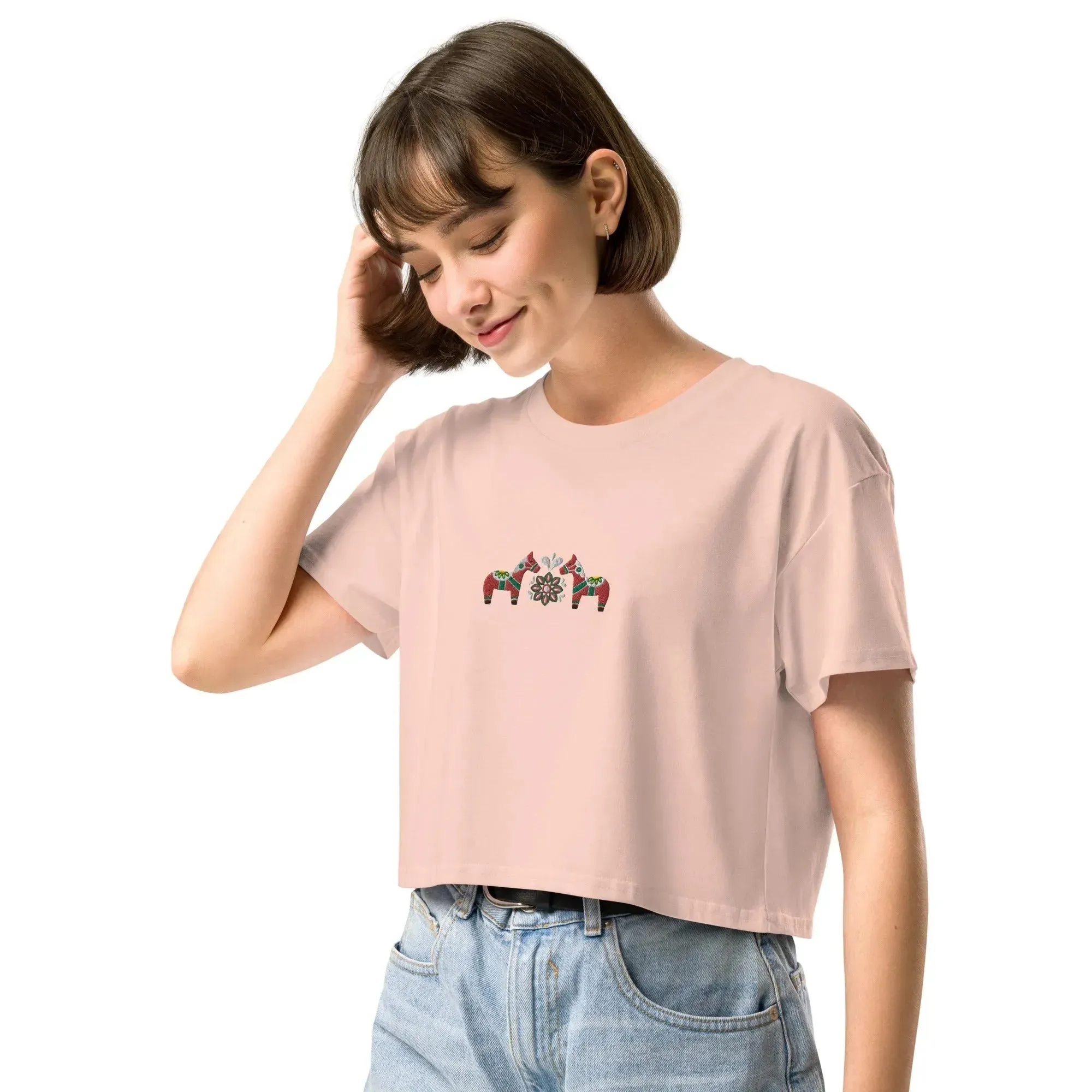 Swedish Red Dala Horse Embroidered Cropped T-Shirt
