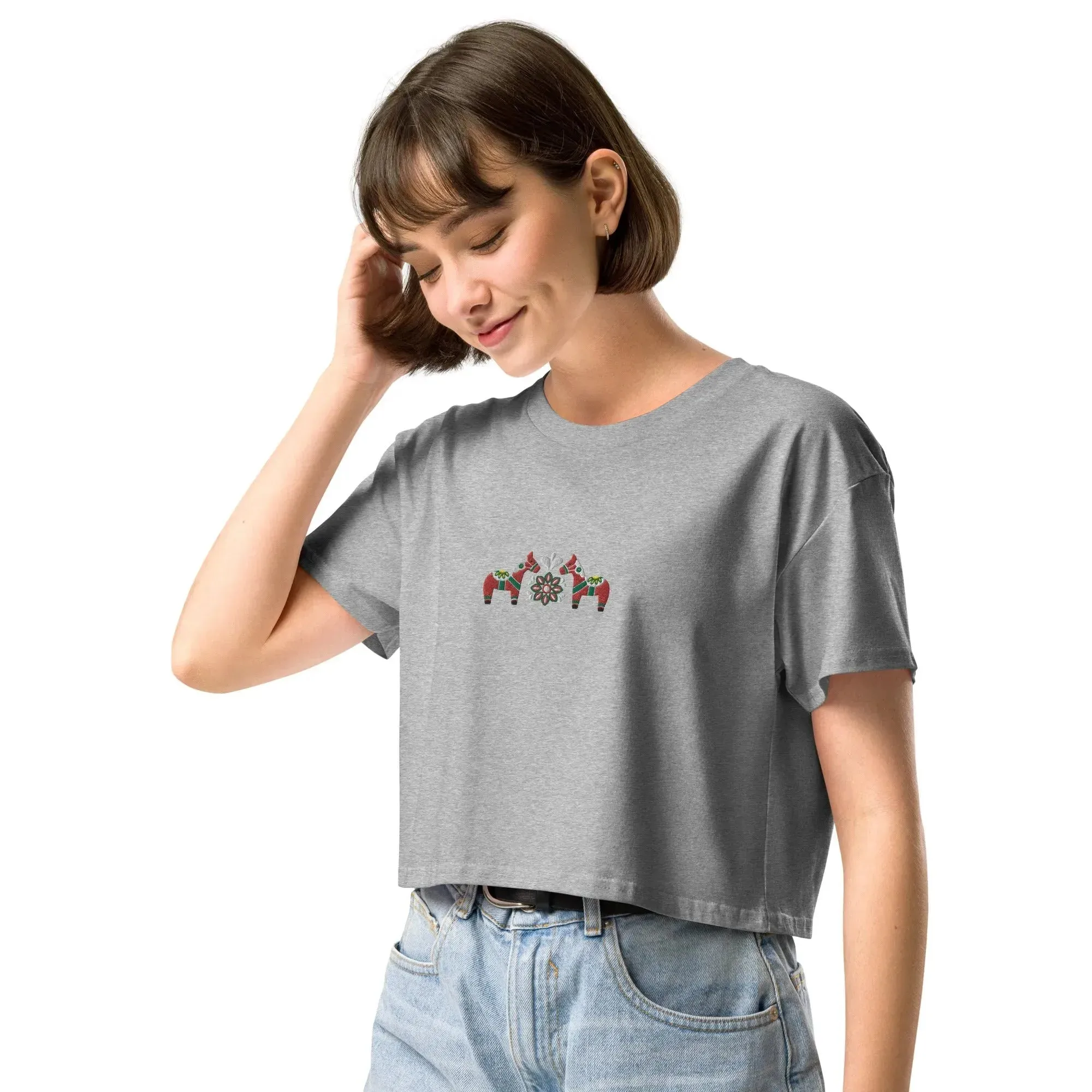 Swedish Red Dala Horse Embroidered Cropped T-Shirt