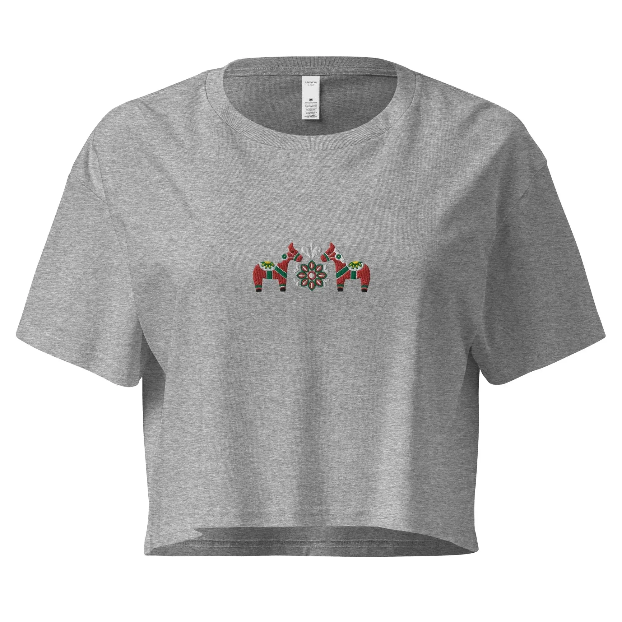 Swedish Red Dala Horse Embroidered Cropped T-Shirt