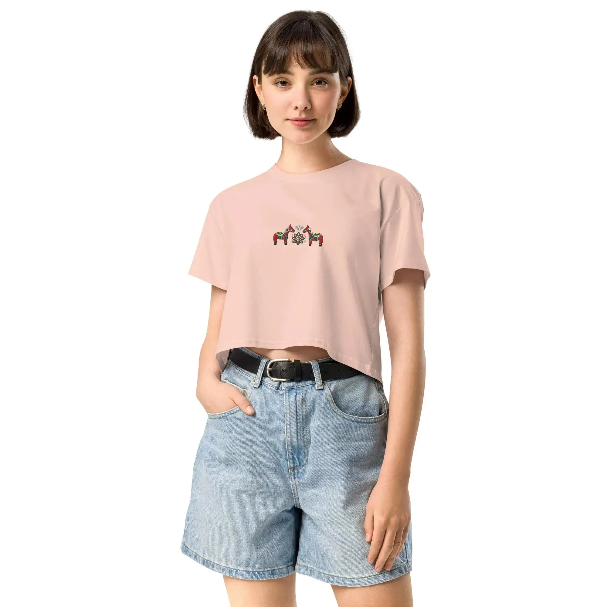 Swedish Red Dala Horse Embroidered Cropped T-Shirt