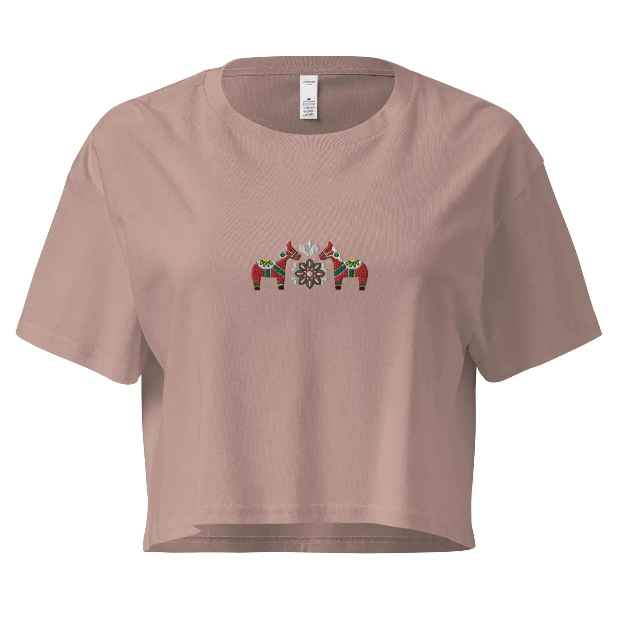 Swedish Red Dala Horse Embroidered Cropped T-Shirt