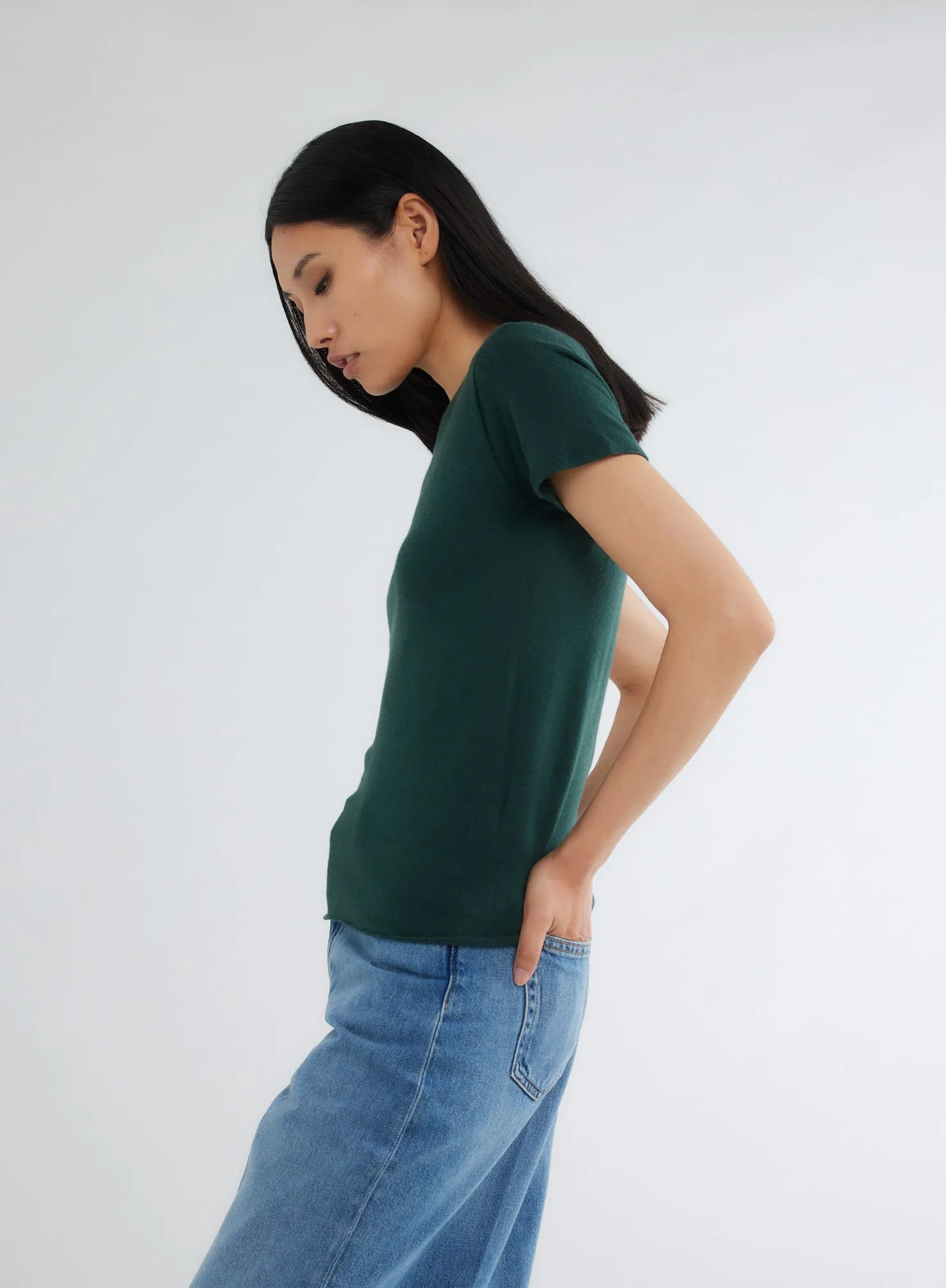 T-shirt Vert Col Rond Manches Courtes en 100% Cachemire