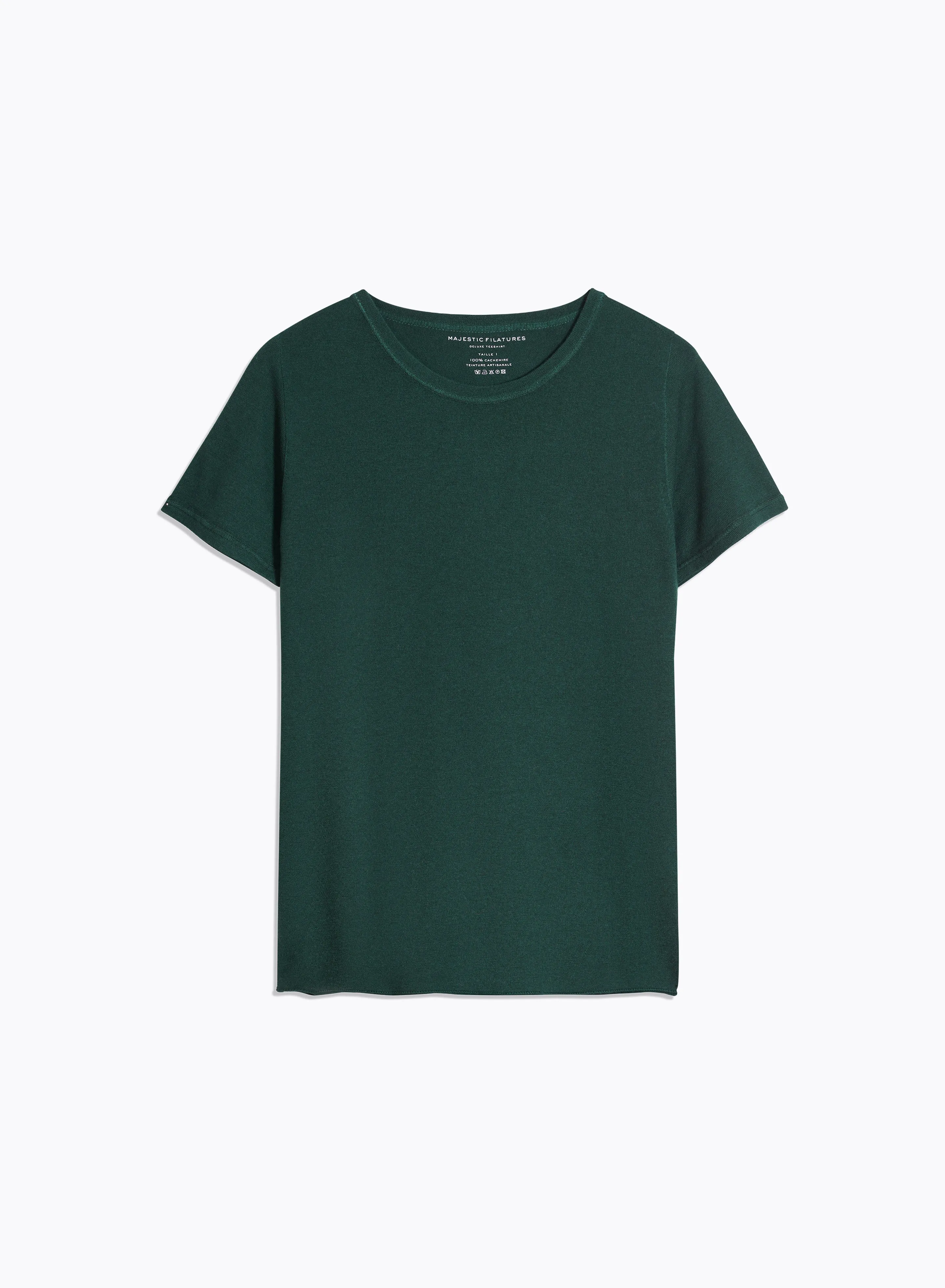 T-shirt Vert Col Rond Manches Courtes en 100% Cachemire