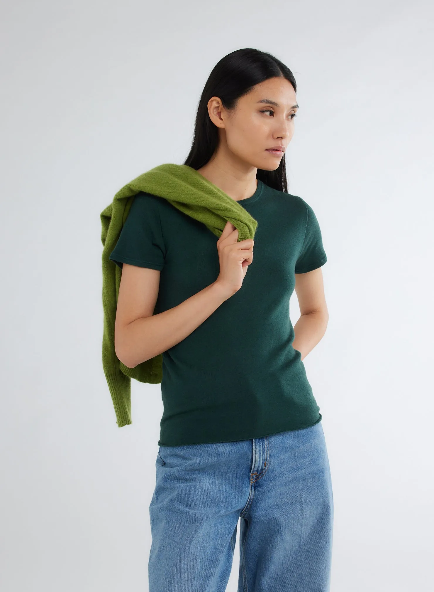 T-shirt Vert Col Rond Manches Courtes en 100% Cachemire