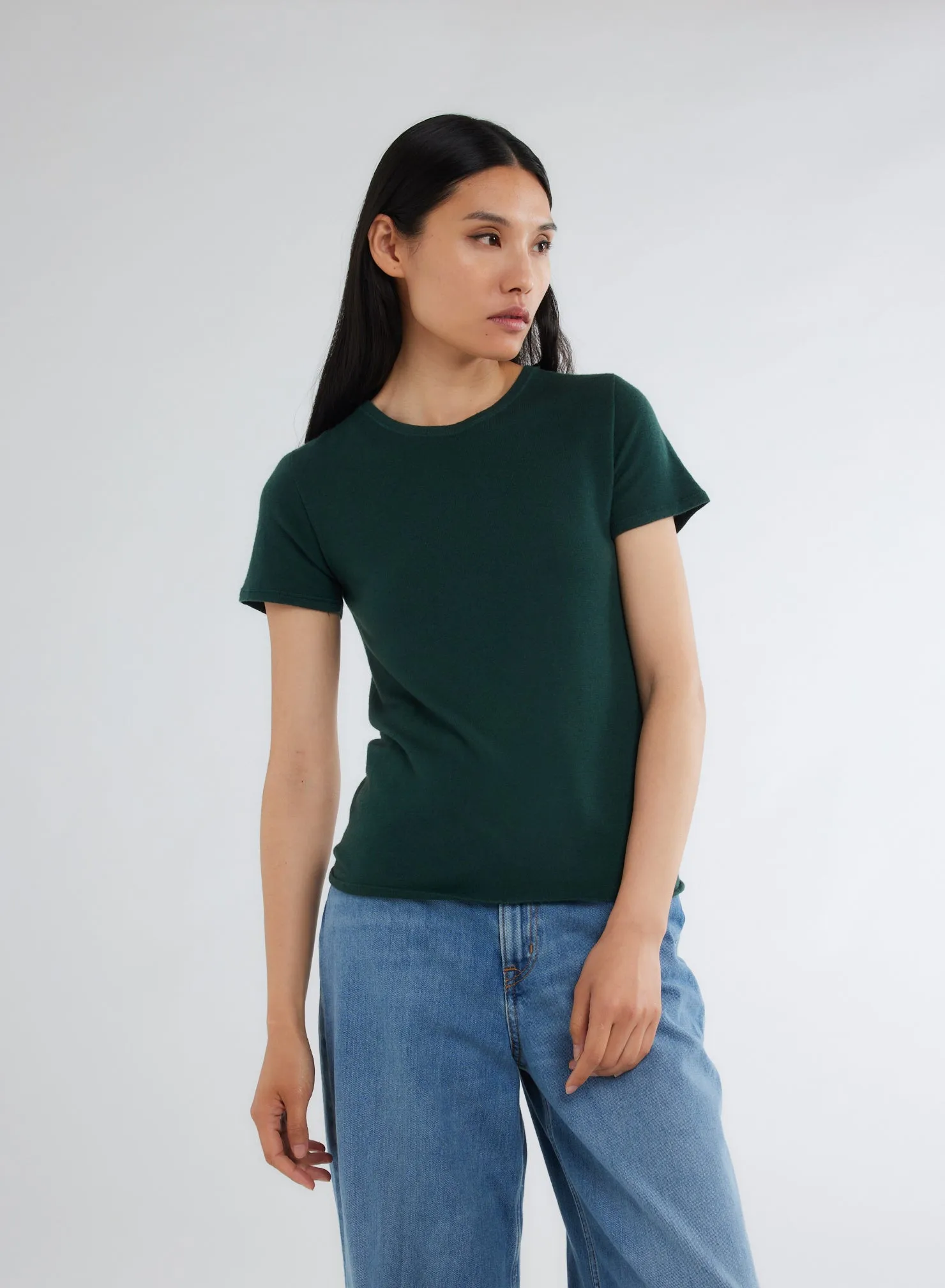 T-shirt Vert Col Rond Manches Courtes en 100% Cachemire