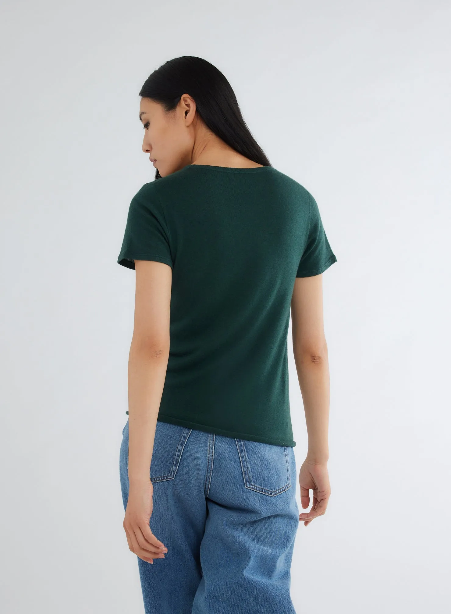 T-shirt Vert Col Rond Manches Courtes en 100% Cachemire