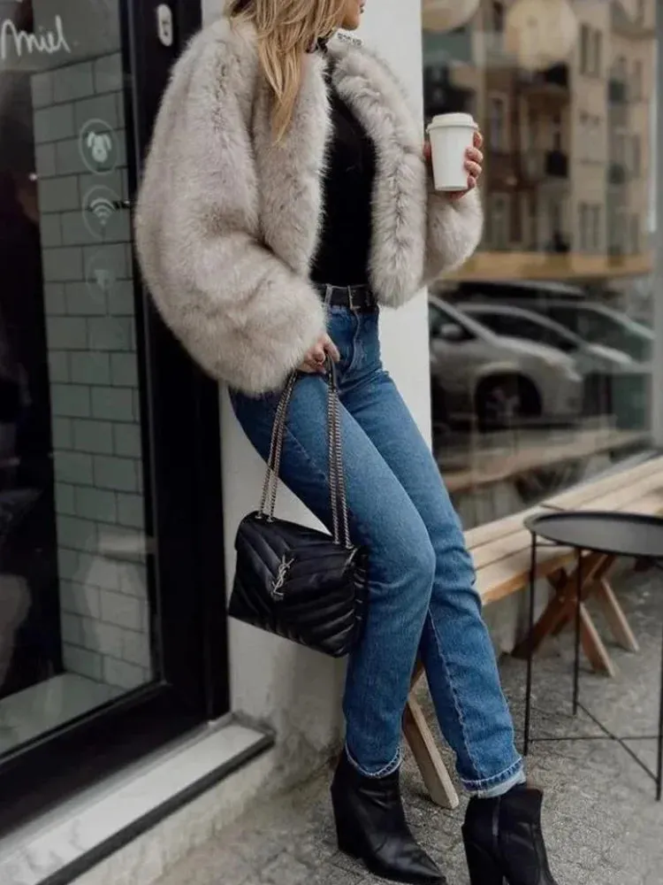 TAVIMART  -  Fashion Faux Fur Jacket Coat Women Streetwear Warm Fluffy Solid Loose Long Sleeve V Neck Female Cardigan Winter Outwear