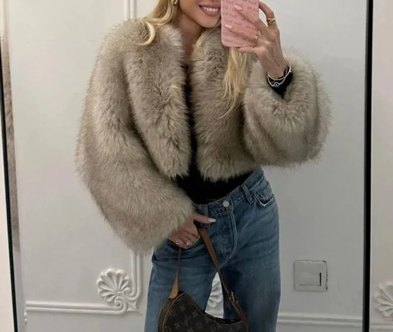 TAVIMART  -  Fashion Faux Fur Jacket Coat Women Streetwear Warm Fluffy Solid Loose Long Sleeve V Neck Female Cardigan Winter Outwear