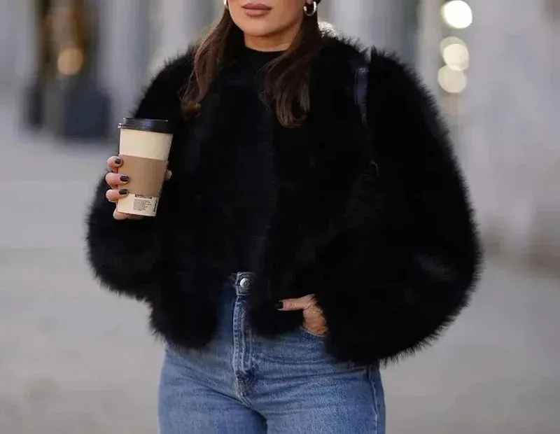 TAVIMART  -  Fashion Faux Fur Jacket Coat Women Streetwear Warm Fluffy Solid Loose Long Sleeve V Neck Female Cardigan Winter Outwear
