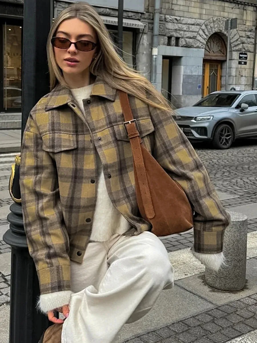 TAVIMART  -  New Plaid Contrast Jacket Women Autumn Winter Single Breasted Long Sleeve Outerwear Female Streetwear Vintage Fashion Coat