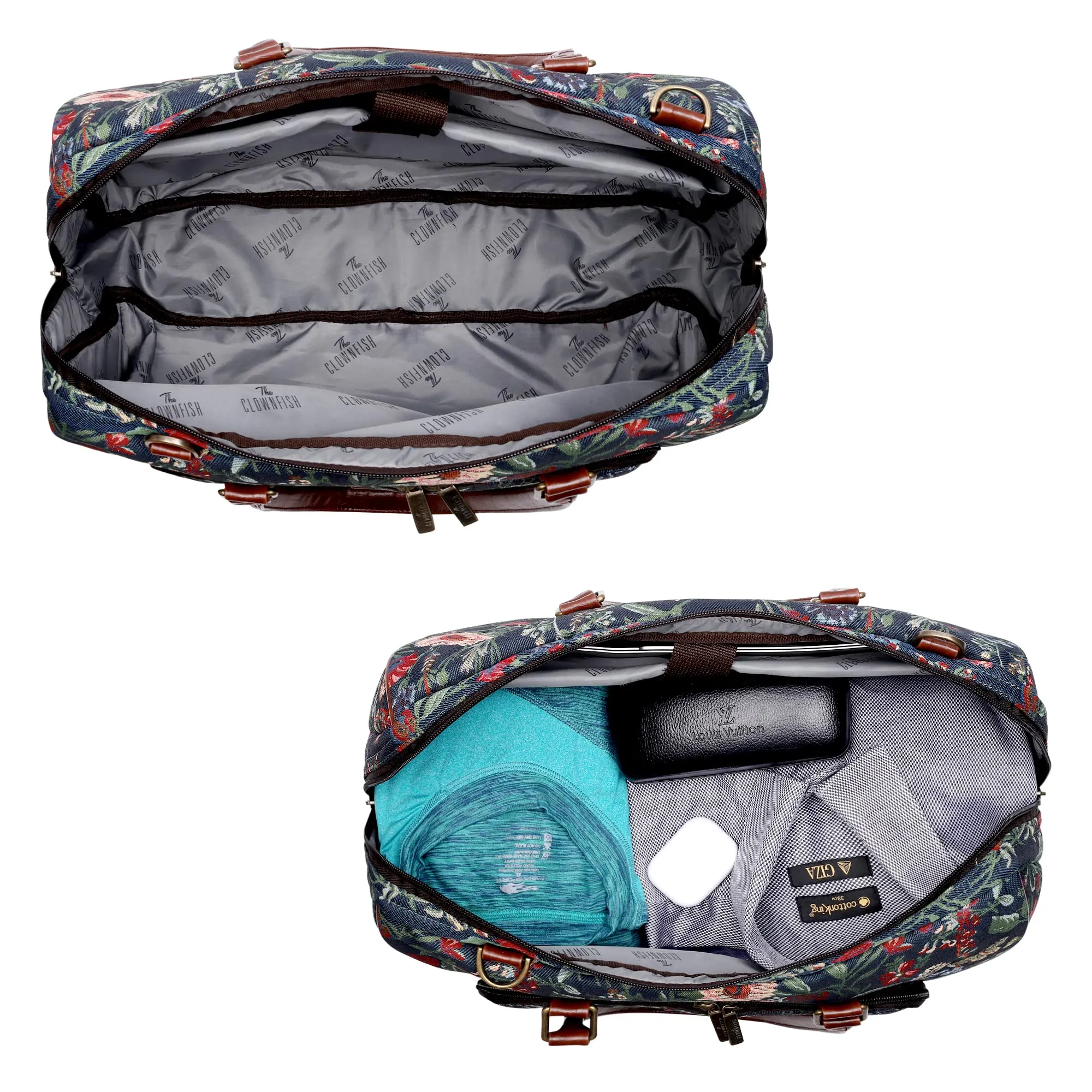 The Clownfish Oceania 28 litres Tapestry Unisex Business Travel Duffle Bag with 15.6 inch Laptop Sleeve (Navy Blue-Floral)