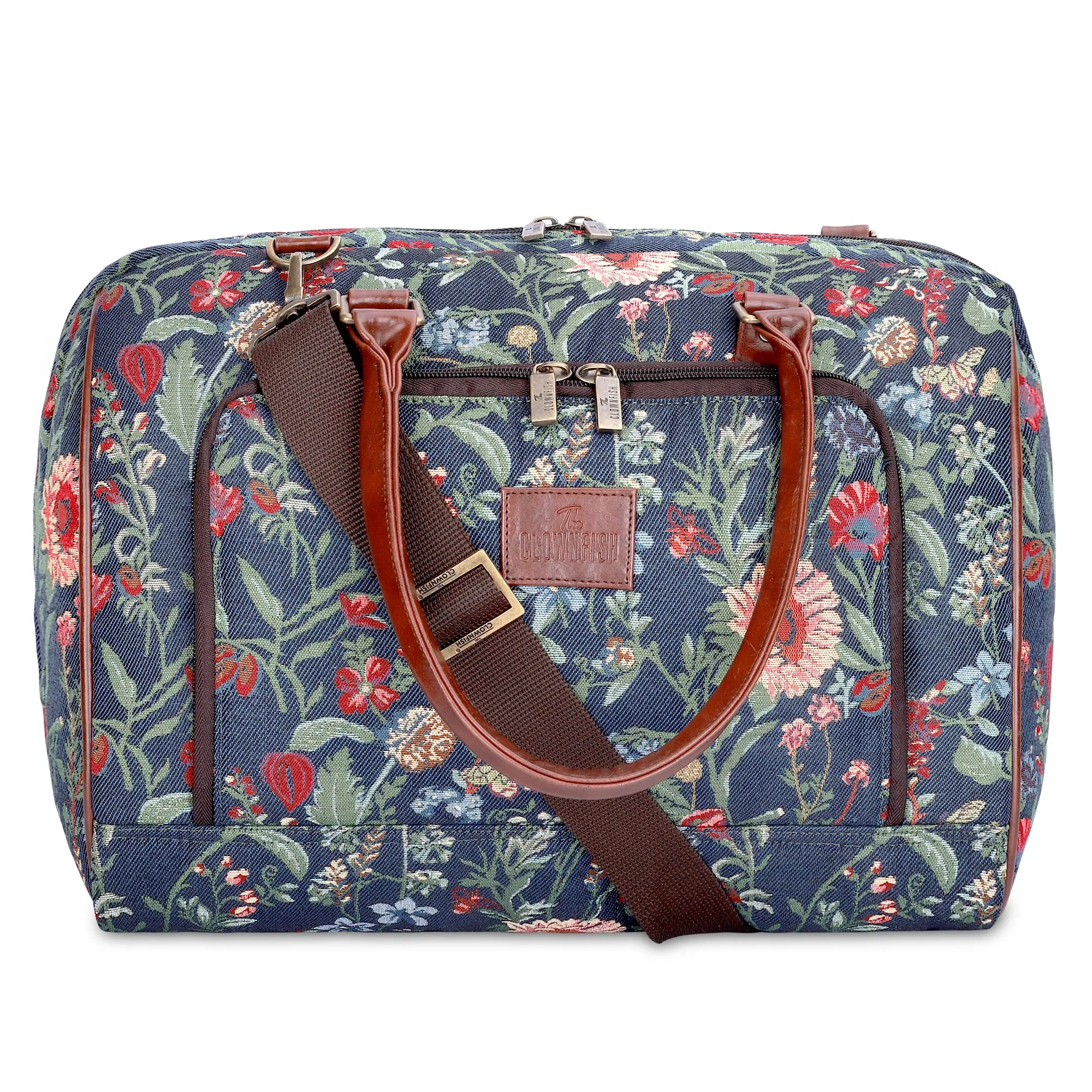 The Clownfish Oceania 28 litres Tapestry Unisex Business Travel Duffle Bag with 15.6 inch Laptop Sleeve (Navy Blue-Floral)