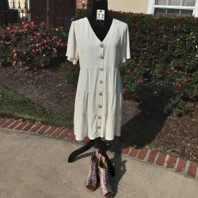 Three Tiered Loose Fit Flowing Dress With Brown Buttons