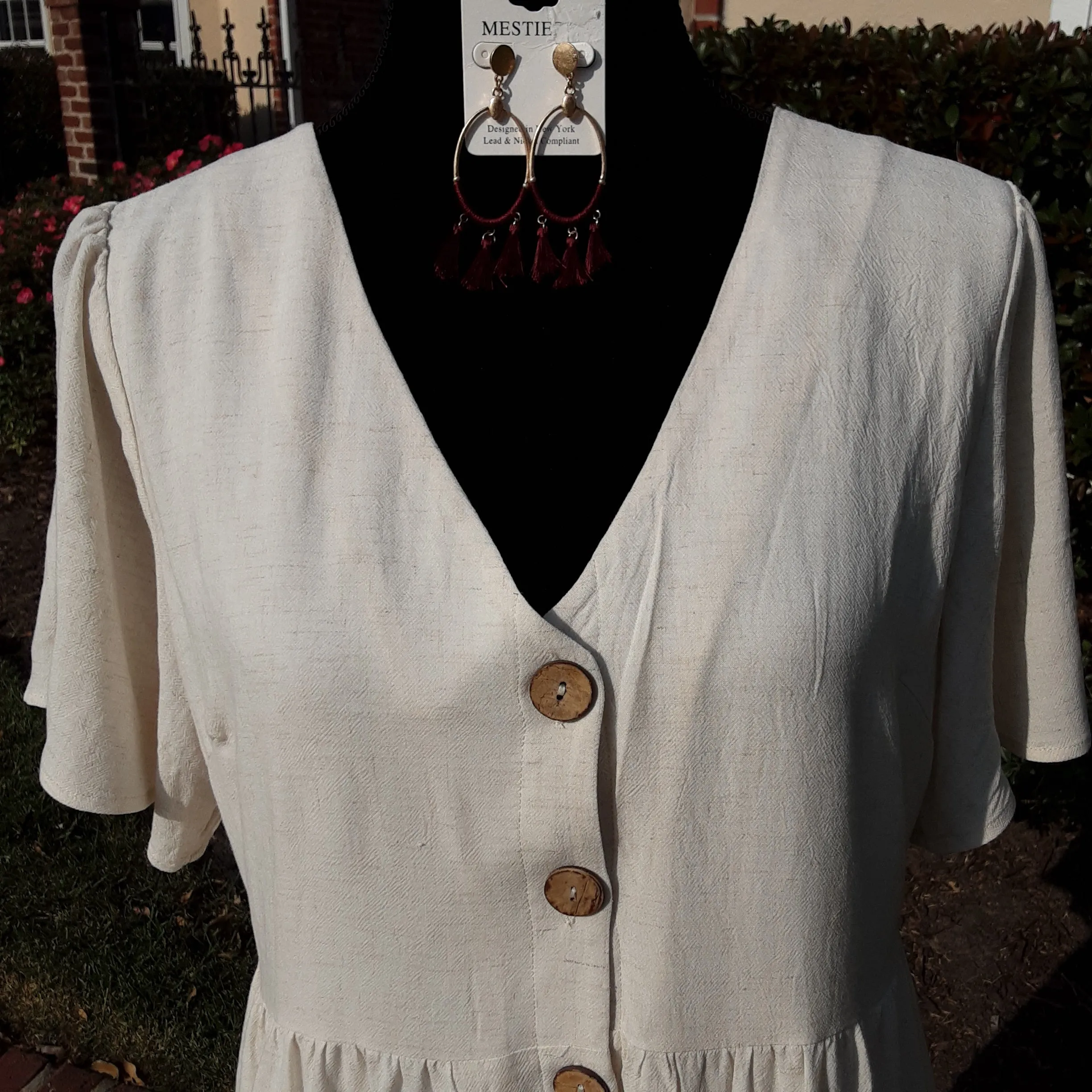Three Tiered Loose Fit Flowing Dress With Brown Buttons