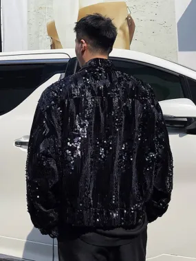 Trendy Sequin Patchwork Black Men's Jacket 2023 New Streetwear Fashion Lapel Short Coat 2023 Autumn Zipped Cloth 9A1110