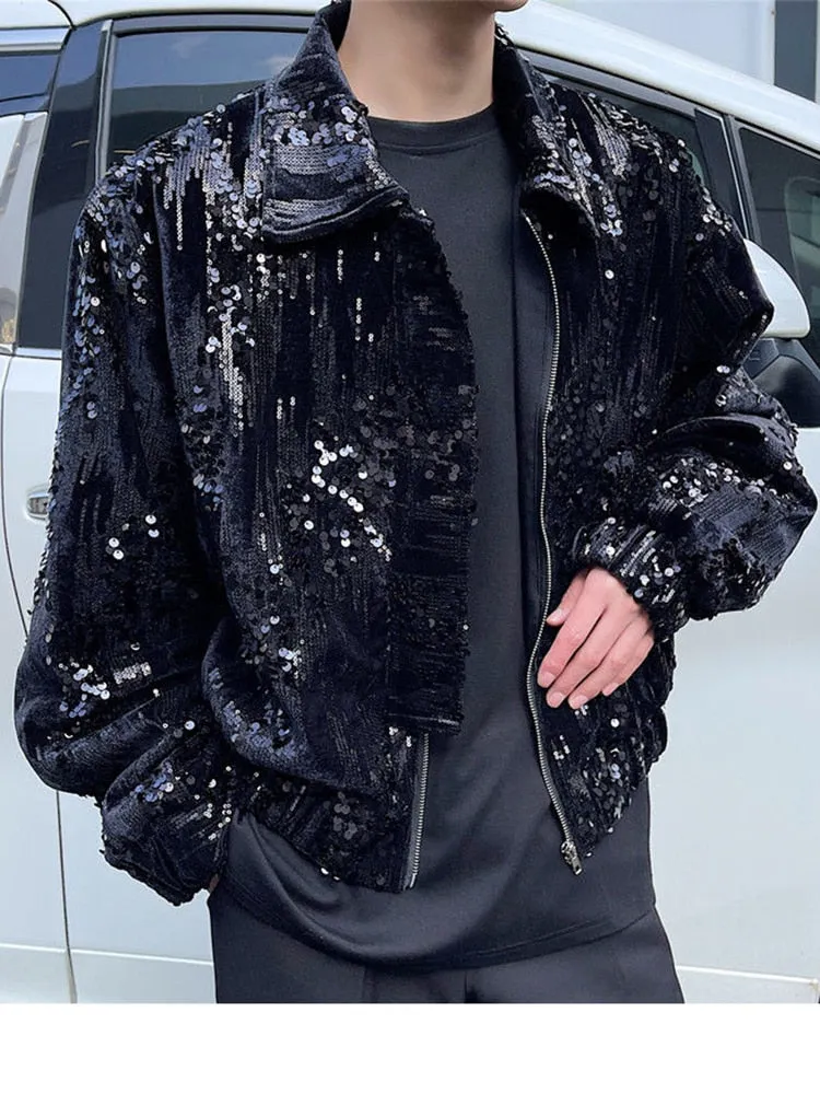 Trendy Sequin Patchwork Black Men's Jacket 2023 New Streetwear Fashion Lapel Short Coat 2023 Autumn Zipped Cloth 9A1110