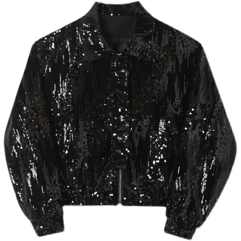 Trendy Sequin Patchwork Black Men's Jacket 2023 New Streetwear Fashion Lapel Short Coat 2023 Autumn Zipped Cloth 9A1110