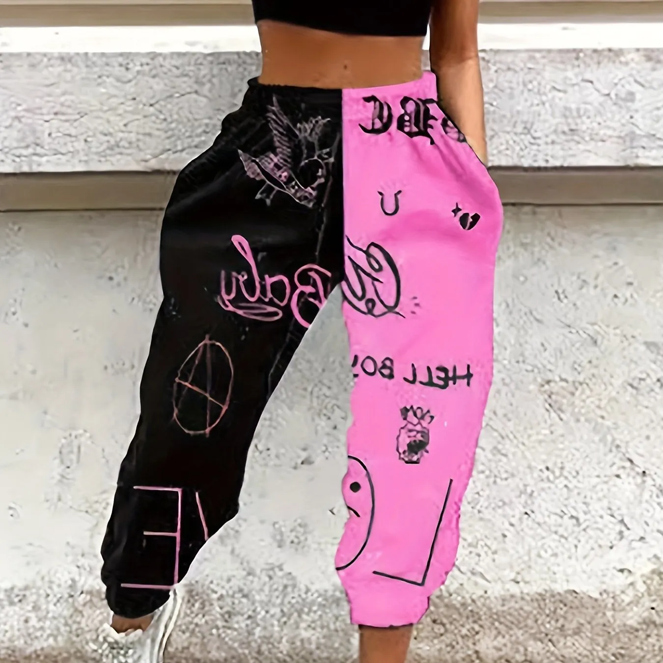 Two Tone Letter Print Casual Sports Pants, Elastic Waist Slight Stretch Loose Fit Jogging Sweatpants, Women's Athleisure