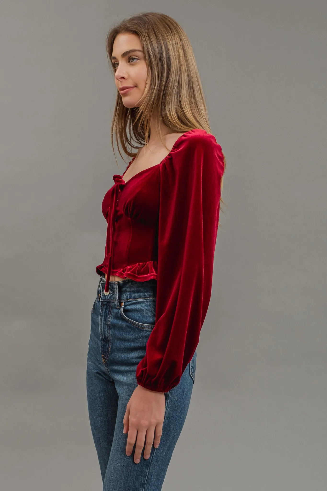VELVET FRONT TIE BUTTON DOWN LONG SLEEVE CROP TOP