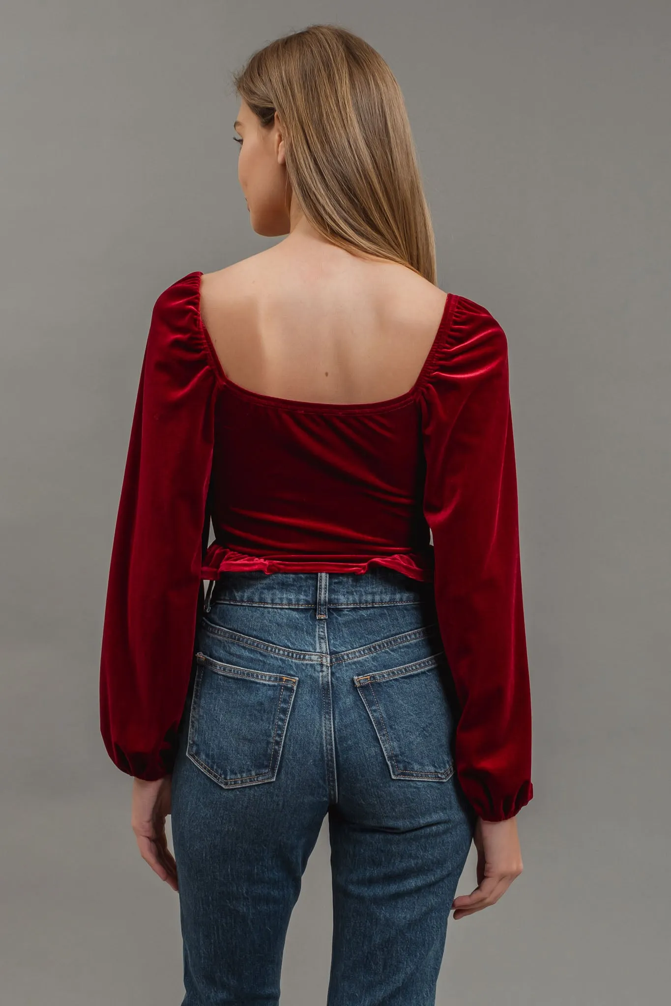 VELVET FRONT TIE BUTTON DOWN LONG SLEEVE CROP TOP