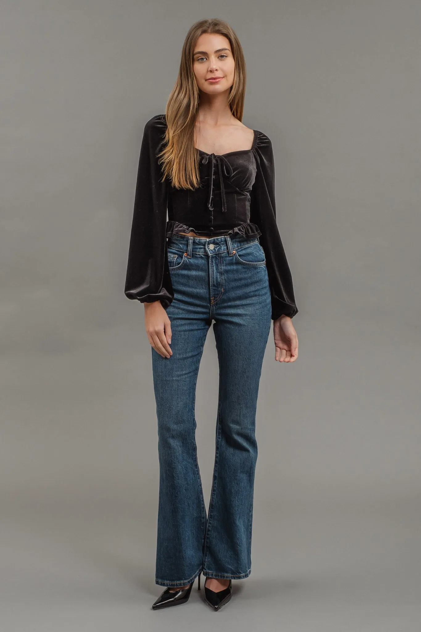 VELVET FRONT TIE BUTTON DOWN LONG SLEEVE CROP TOP