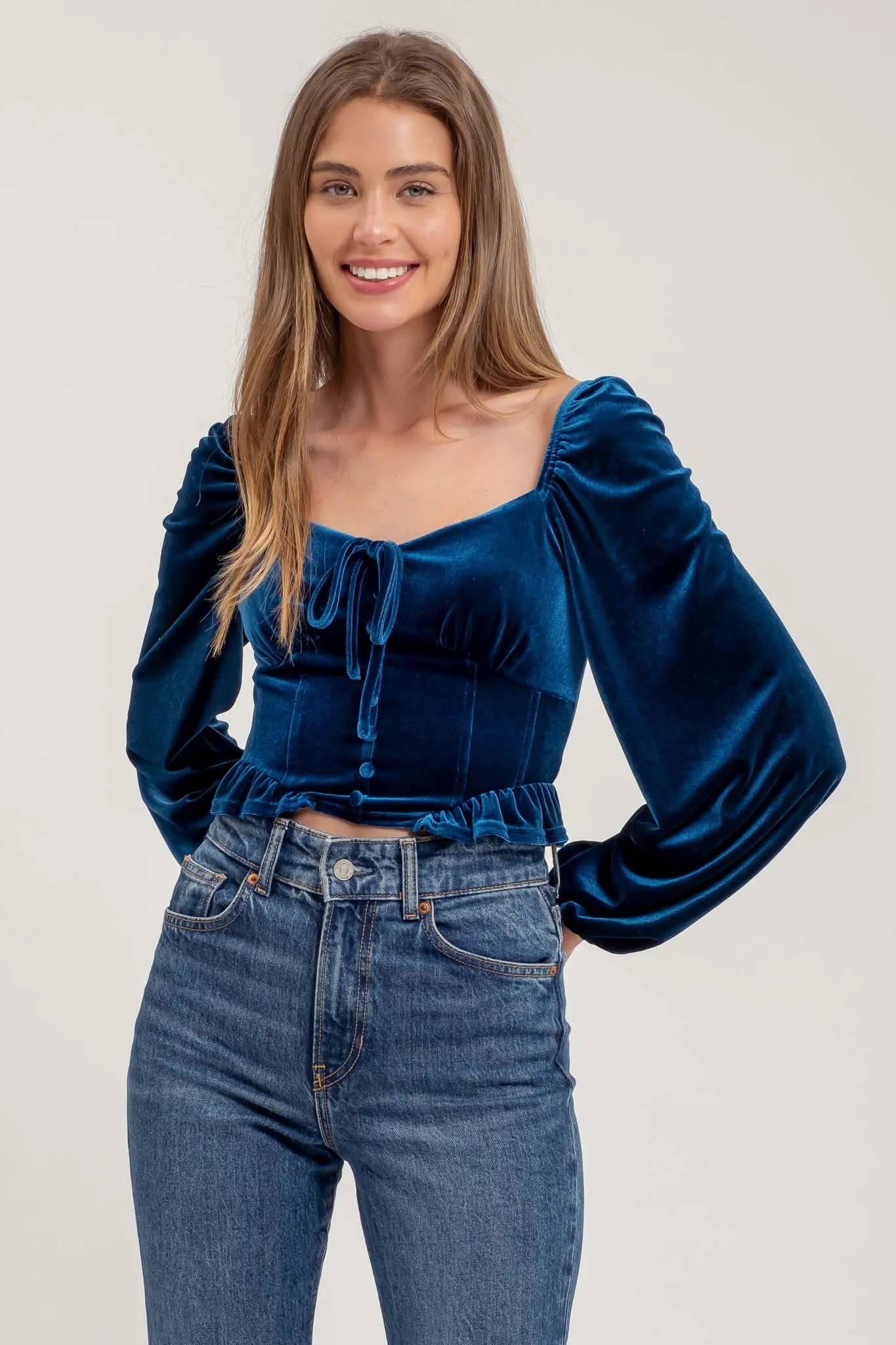 VELVET FRONT TIE BUTTON DOWN LONG SLEEVE CROP TOP