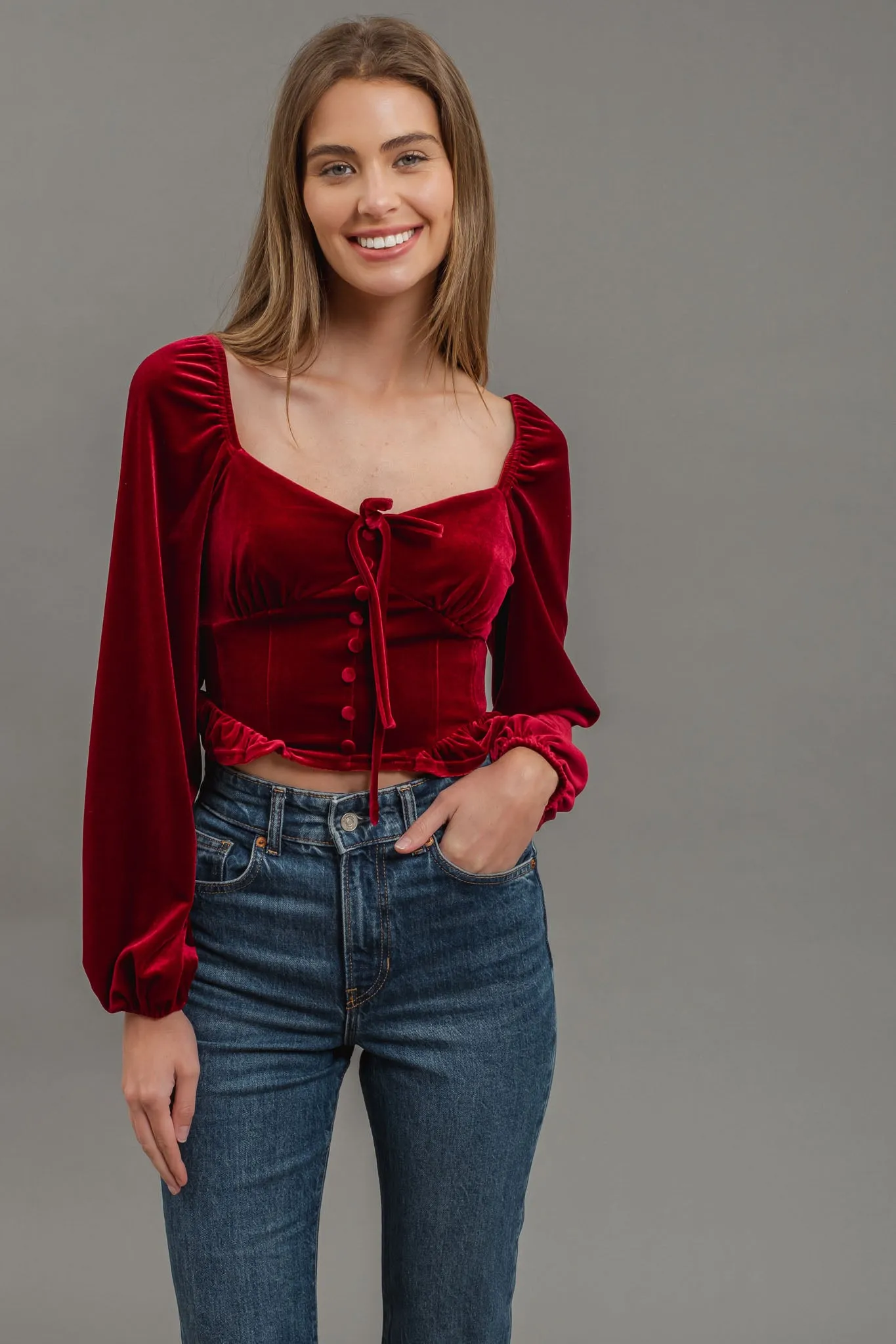 VELVET FRONT TIE BUTTON DOWN LONG SLEEVE CROP TOP
