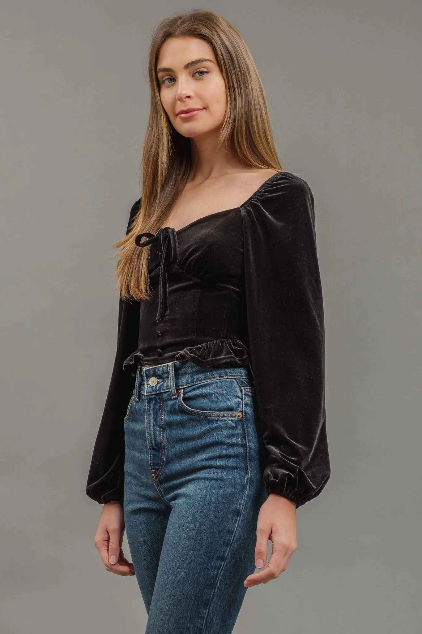 VELVET FRONT TIE BUTTON DOWN LONG SLEEVE CROP TOP