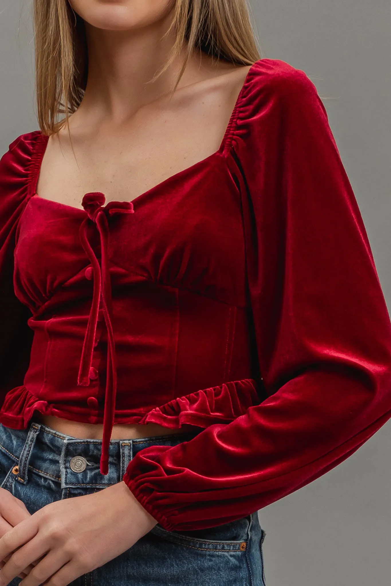 VELVET FRONT TIE BUTTON DOWN LONG SLEEVE CROP TOP