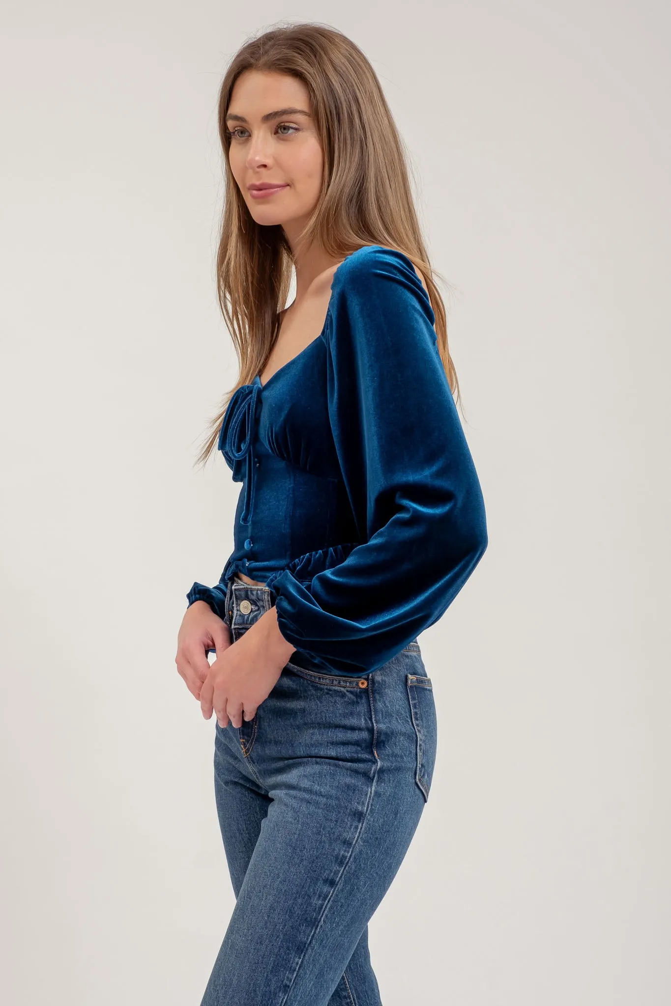 VELVET FRONT TIE BUTTON DOWN LONG SLEEVE CROP TOP