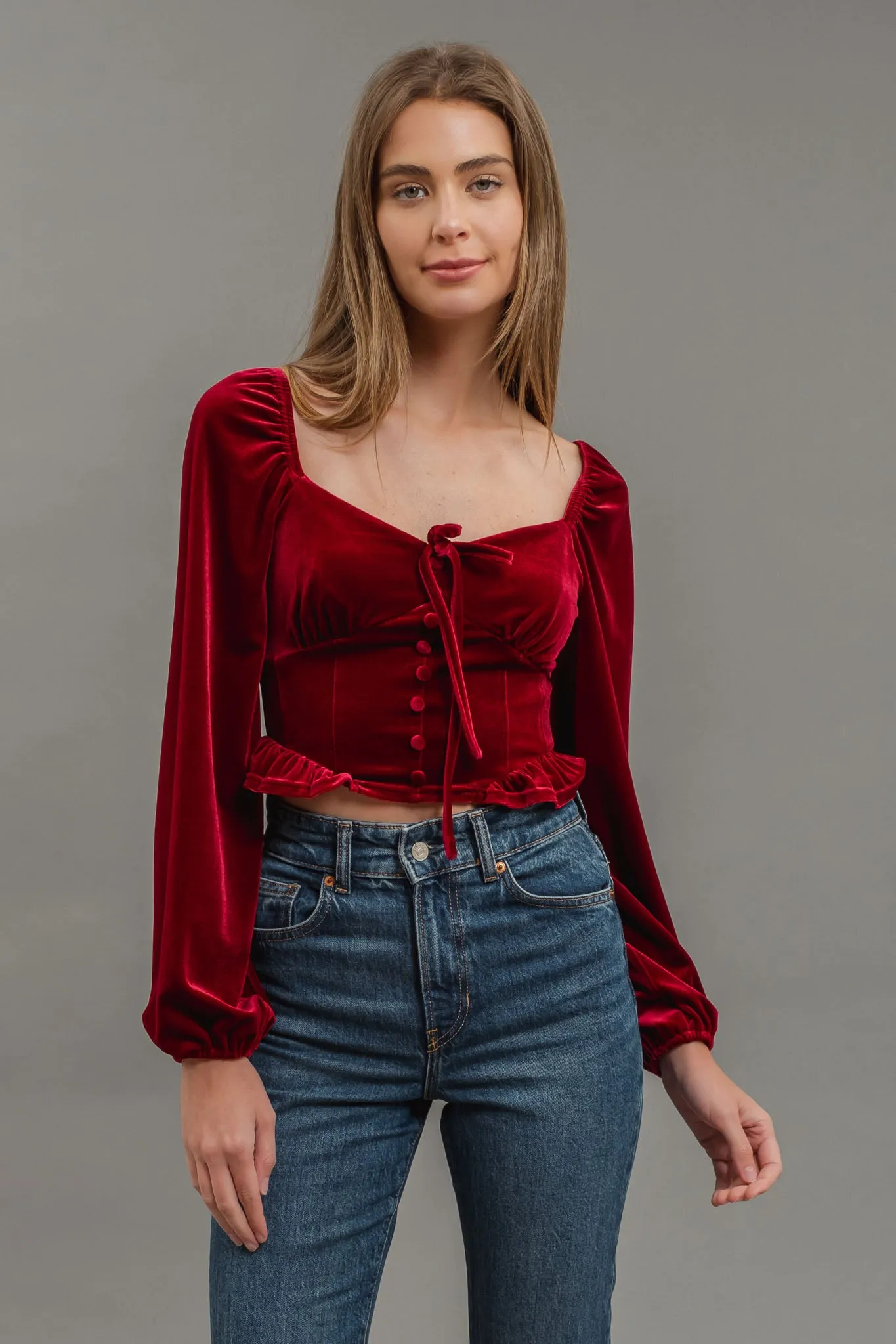 VELVET FRONT TIE BUTTON DOWN LONG SLEEVE CROP TOP
