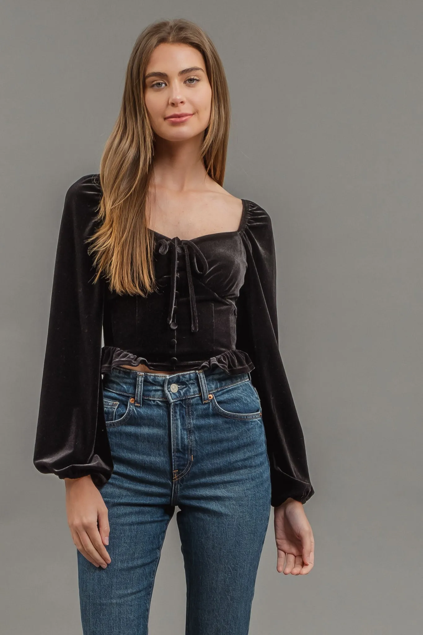 VELVET FRONT TIE BUTTON DOWN LONG SLEEVE CROP TOP