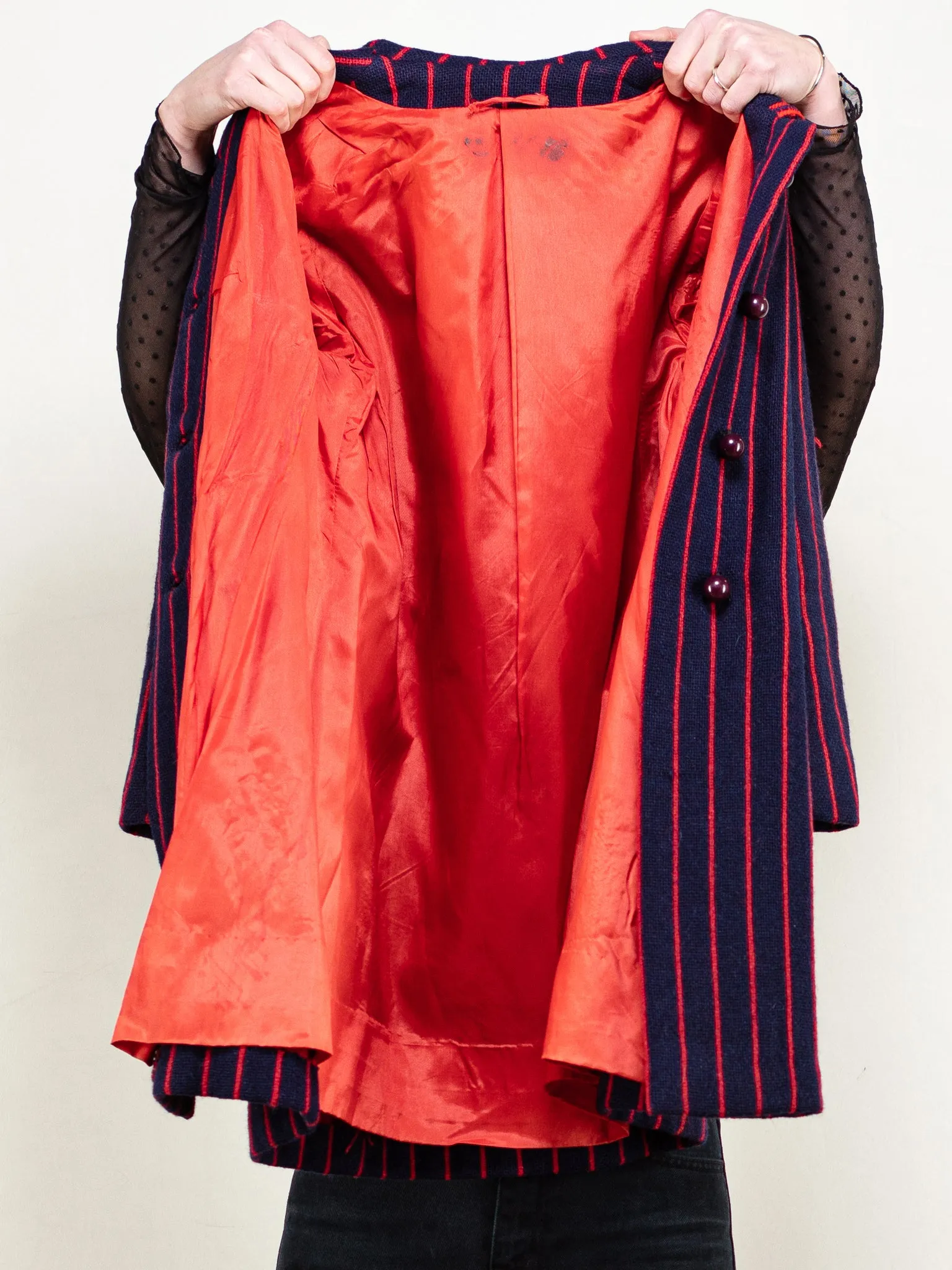 Vintage 60's Women Striped Wool Coat in Blue and Red