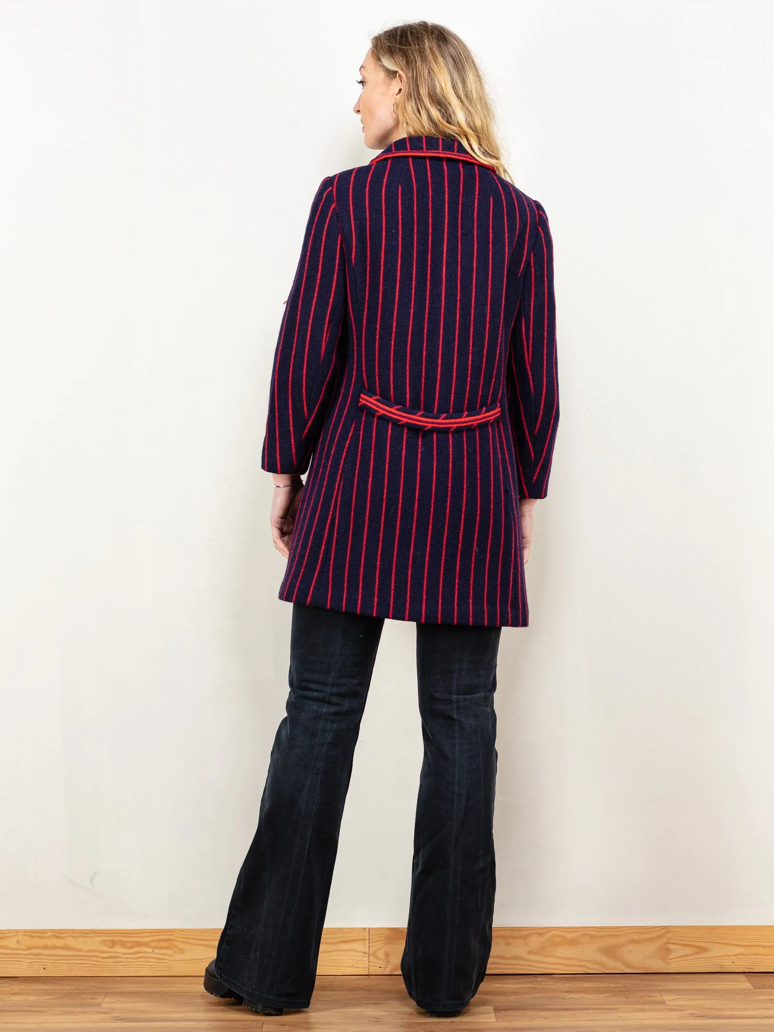 Vintage 60's Women Striped Wool Coat in Blue and Red