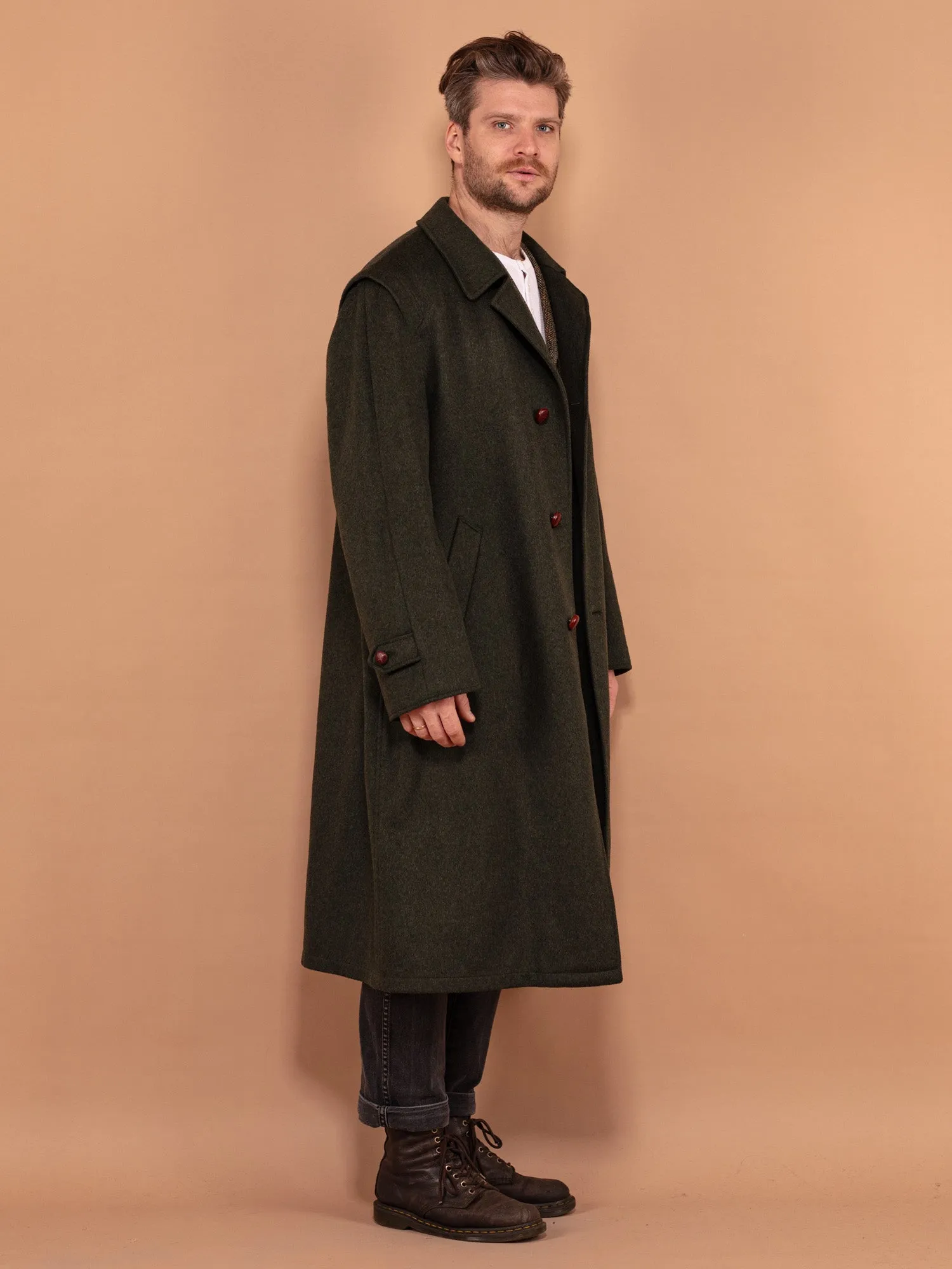 Vintage 70's Men Long Wool Topcoat in Green