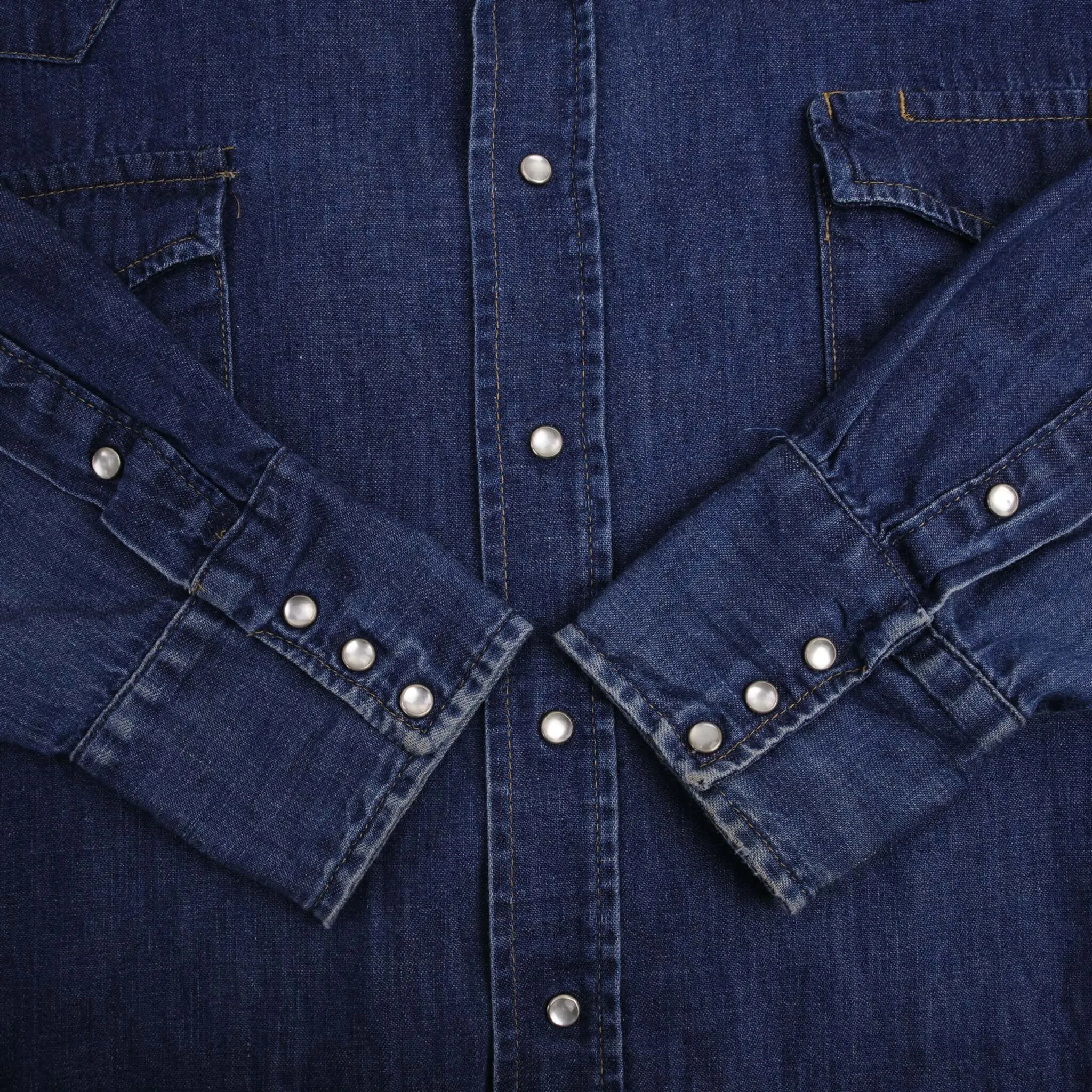 VINTAGE ROEBUCKS DENIM WESTERN SHIRT PEARL BUTTONS 1980S SIZE XL MADE IN USA