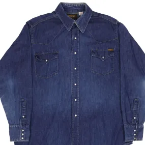 VINTAGE ROEBUCKS DENIM WESTERN SHIRT PEARL BUTTONS 1980S SIZE XL MADE IN USA