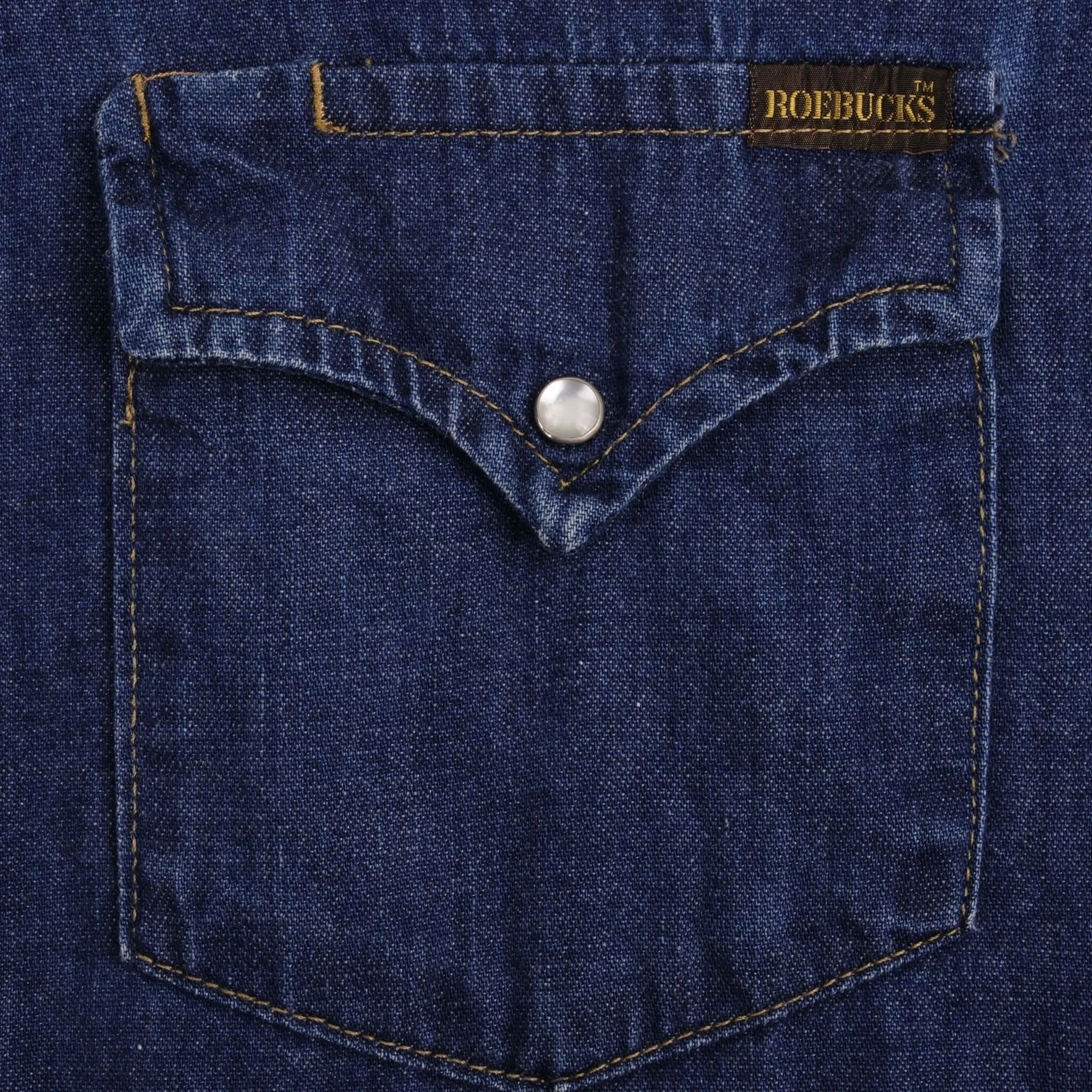 VINTAGE ROEBUCKS DENIM WESTERN SHIRT PEARL BUTTONS 1980S SIZE XL MADE IN USA