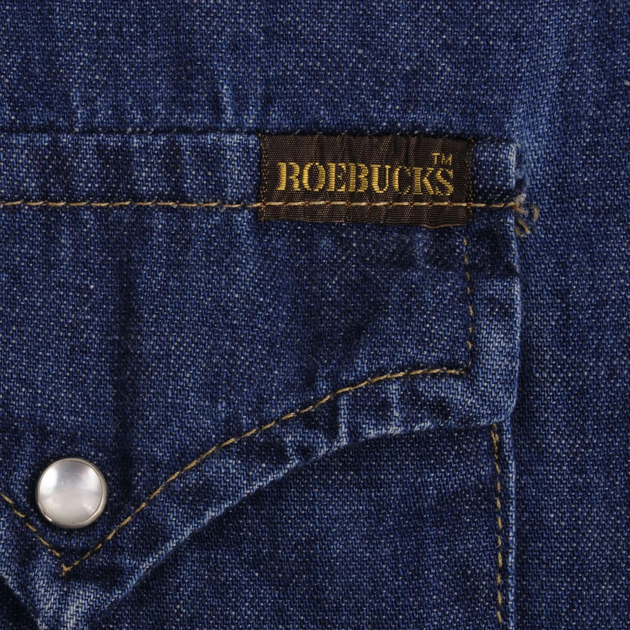 VINTAGE ROEBUCKS DENIM WESTERN SHIRT PEARL BUTTONS 1980S SIZE XL MADE IN USA