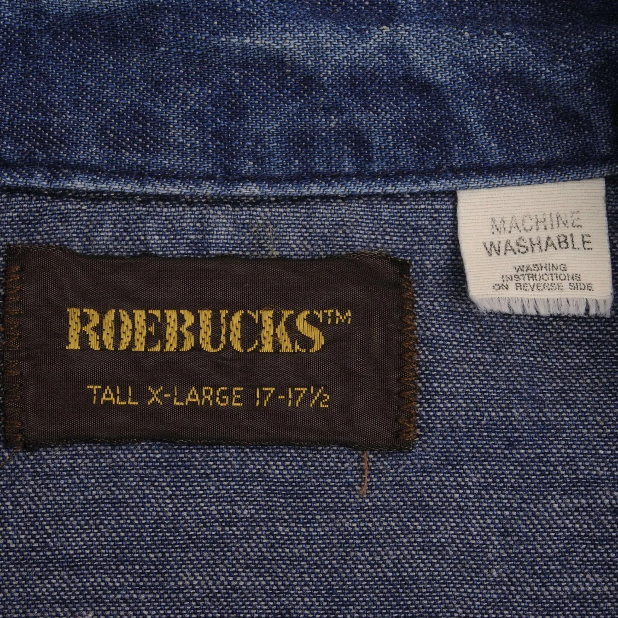 VINTAGE ROEBUCKS DENIM WESTERN SHIRT PEARL BUTTONS 1980S SIZE XL MADE IN USA