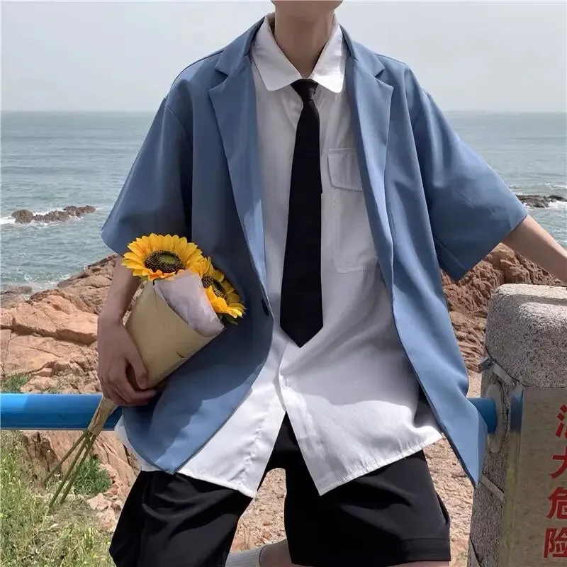 Wiaofellas  -  Men City Boy Summer Blazer Half Sleeve Streetwear Handsome Loose Draped Single Button Coat Jackets Shirts Solid Chic Tops Blouse