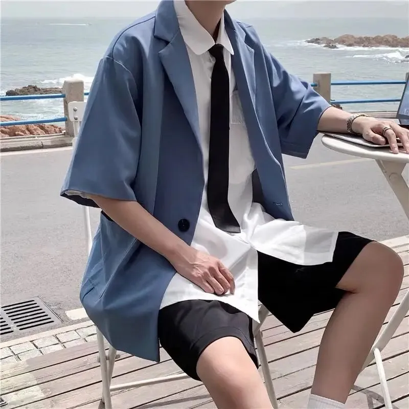 Wiaofellas  -  Men City Boy Summer Blazer Half Sleeve Streetwear Handsome Loose Draped Single Button Coat Jackets Shirts Solid Chic Tops Blouse